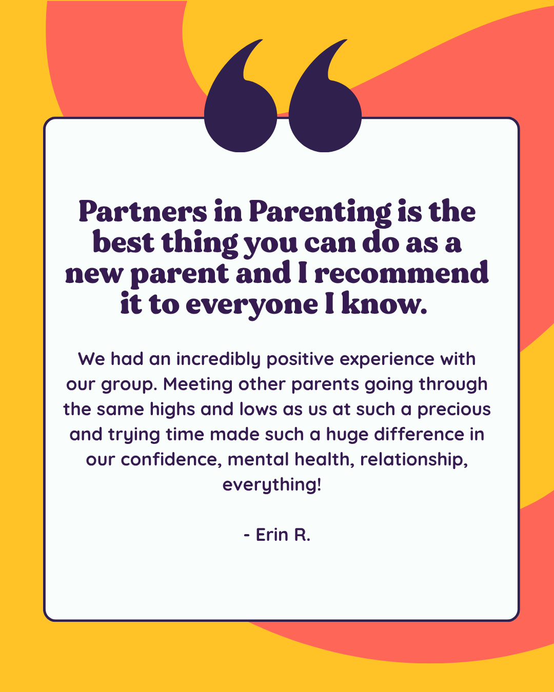 A quote card with purple and yellow design elements, featuring a quote about support for PIP, a disability benefit, attributed to Alma G.