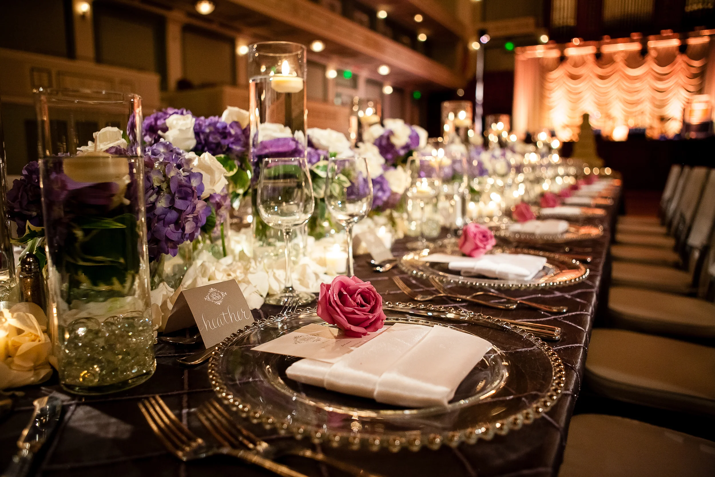 fetenashville.com | Schermerhorn Symphony Center Wedding | Luxury Weddings and Events Designed by Fete Nashville | Photographed by Kristyn Hogan and Erin Lee | best wedding planner nashville | purple and white wedding | silver wedding | nashville wedding planner | hydrangea wedding bouquet | Vera Wang wedding dress | luxury wedding planner | celebrity wedding planner | monogram invitations | white calligraphy | Scarritt Bennett | Wightman Chapel