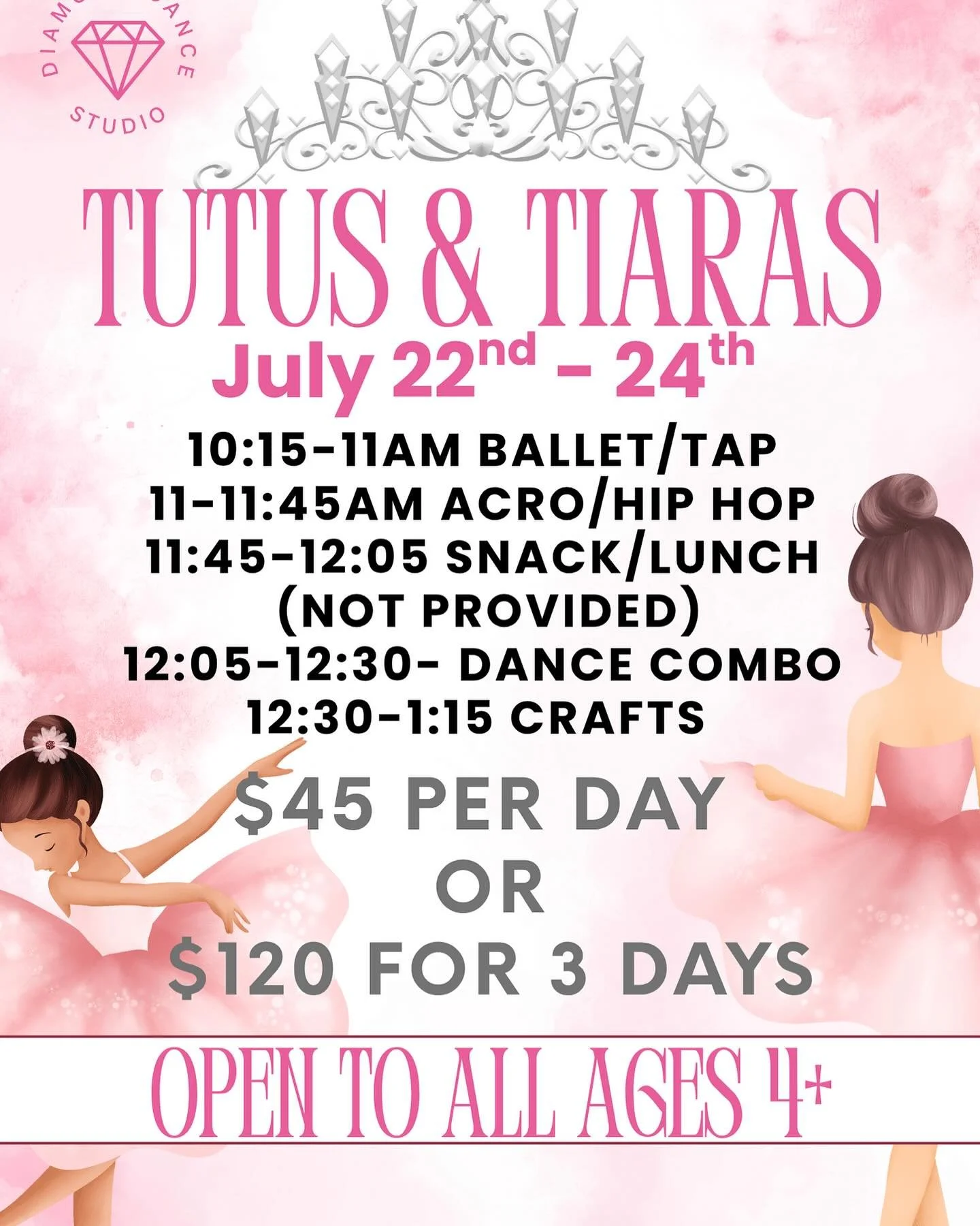 Don&rsquo;t miss out on our adorable Tutus &amp; Tiaras Camp next week! This is open to anyone 4+. Dancers will learn different styles of dance along with crafts each day. Please make sure your dancer brings a lunch every day. We can&rsquo;t wait to 