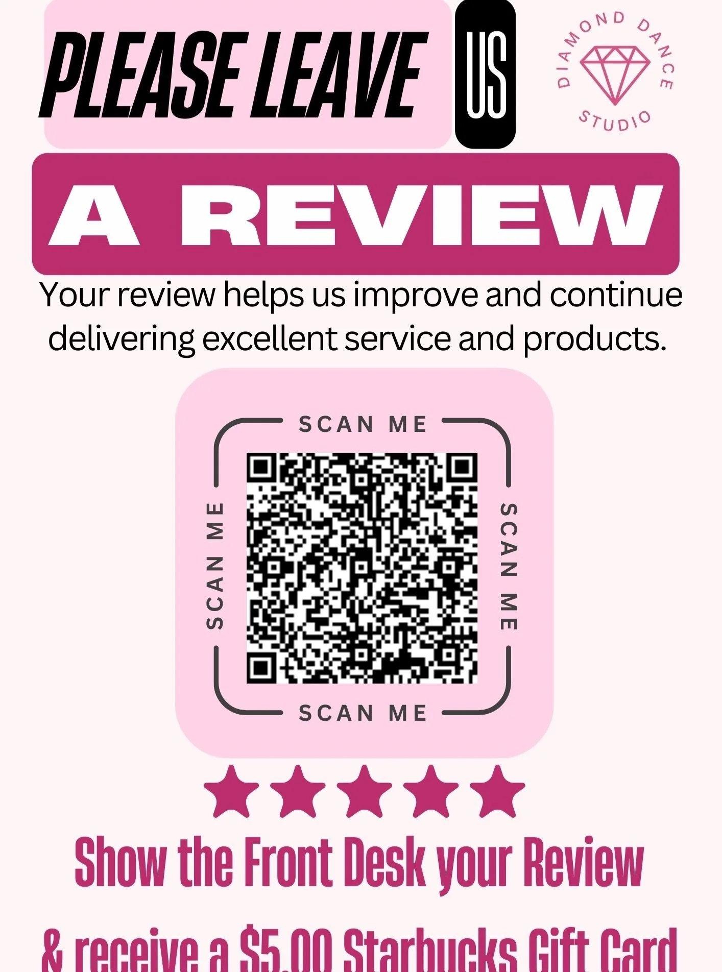 Diamond Families share your experience and get a cup of coffee on us! No limit to Starbucks gift cards you can earn! Show your review(s) to front desk and get your gift card!