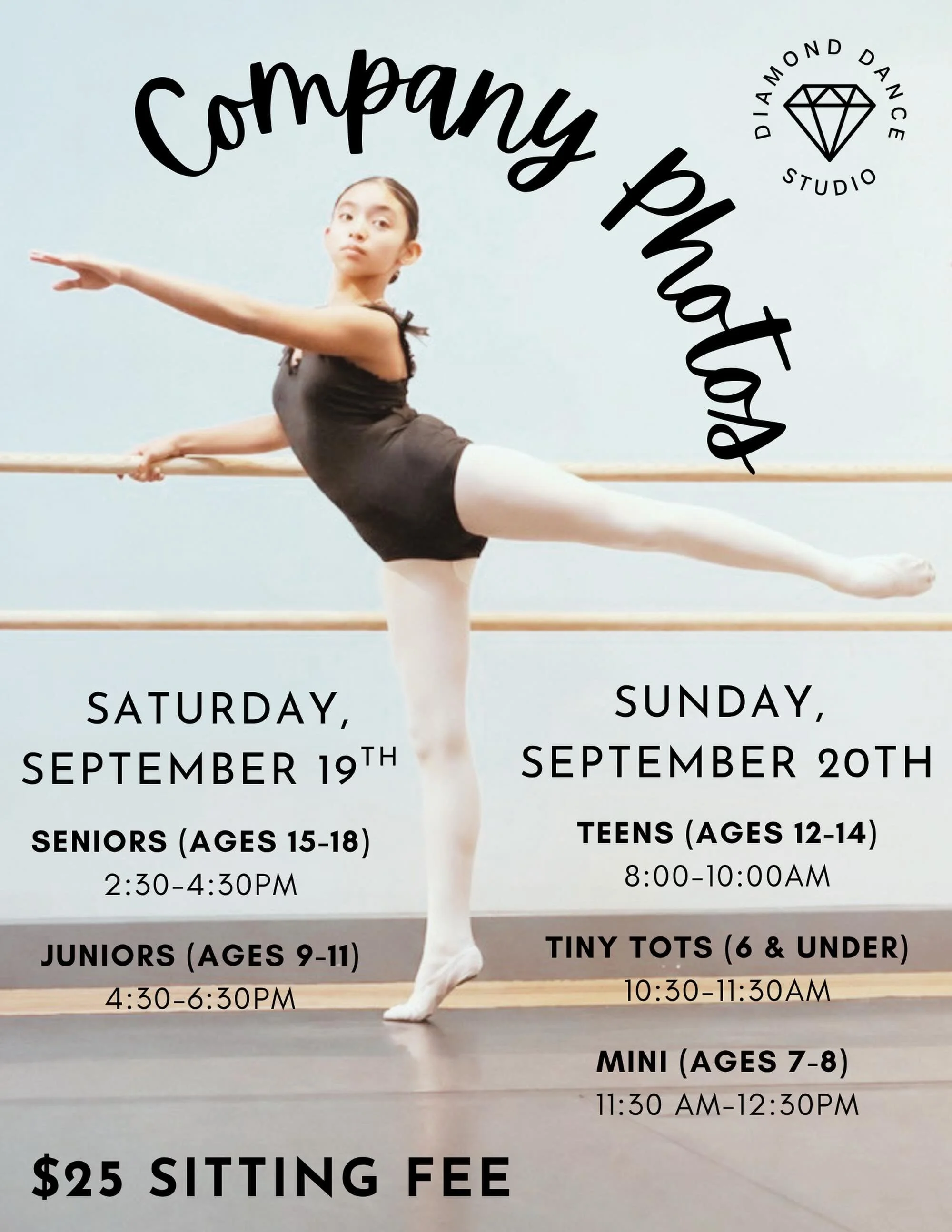 COMPANY PHOTOS ARE HERE! ✨📸 

Please see the flyer for your dancer&rsquo;s assigned date and time. We will be sending inspiration outfit ideas soon! 

📅 Saturday, September 19th &mdash; Seniors &amp; Juniors
📅 Sunday, September 20th &mdash; Teens,