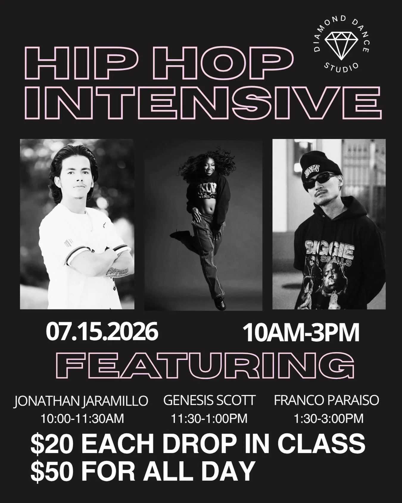 We are so excited to bring you a Special Hip Hop Intensive on Wednesday, July 15th from 10:00 AM&ndash;3:00 PM!
This is an incredible opportunity for dancers ages 9+ to train, grow, and be inspired by three incredible guest instructors:
✨ Jonathan Ja