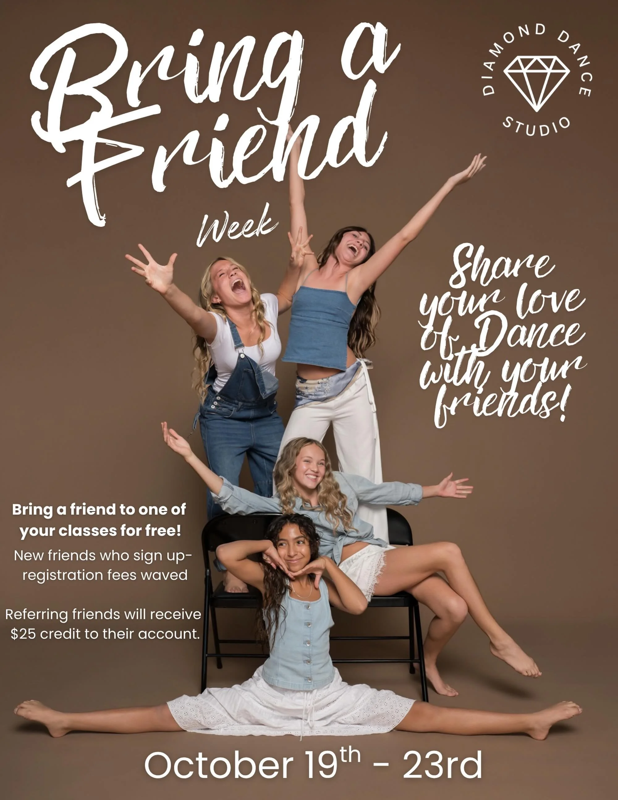 Our FAVORITE week is back! 💗✨ Bring a Friend Week is October 19th&ndash;23rd!

Share your love of dance and bring a friend to one of your classes for FREE!

&bull; New friends who register will have their registration fee waived!
&bull; Referring da