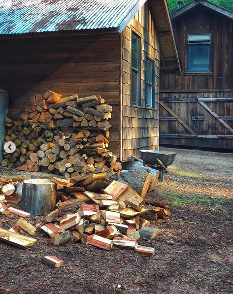 Two wooden cabins with a pile of stacked fire wood against one wall, and a pile of freshly chopped firewood waiting to be stacked.