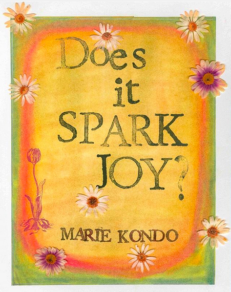 An art print of the quote “Does it spark joy?” from Marie Kondo, on an orange background framed by a green border with flowers scattered around the image.