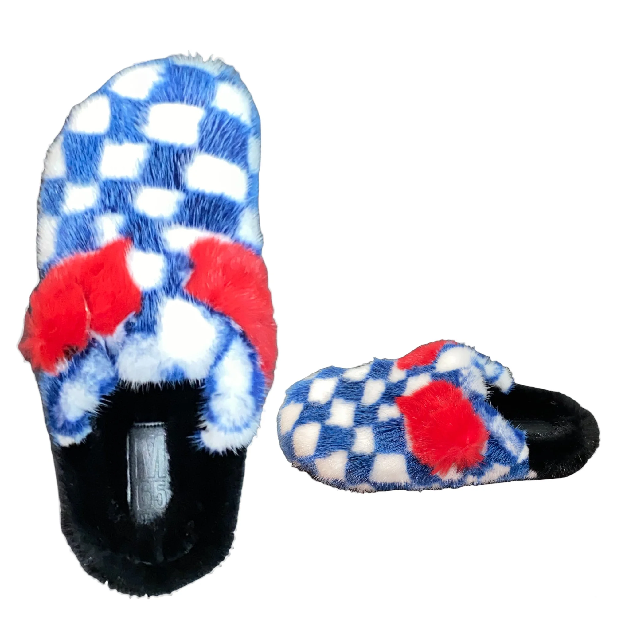 ❤️   BLUE AND WHITE CHECKER MINK FUR MULES