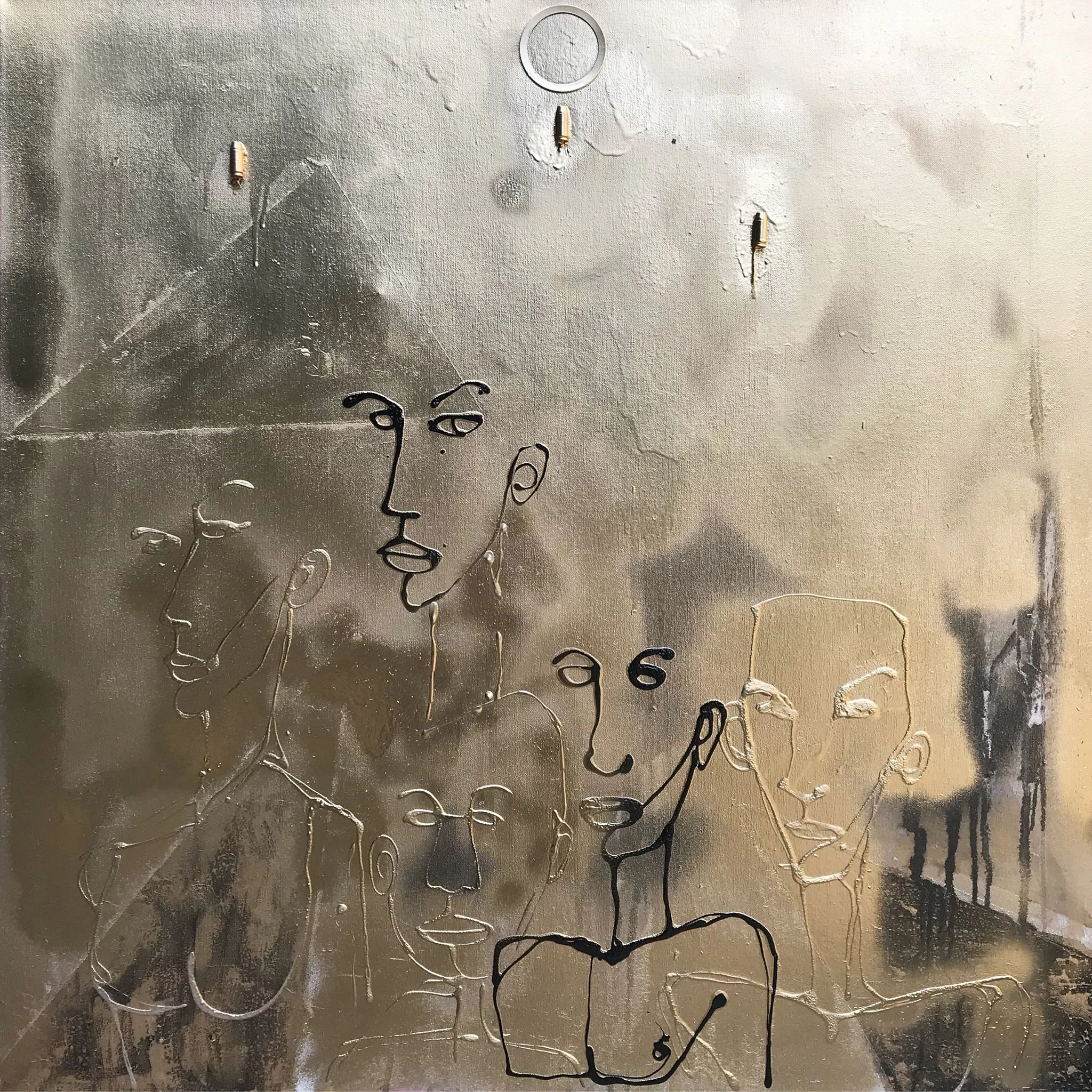 END OF THE WORLD AUGUST 2018 Materials: spray paint, nail polish, acrylic medium, bullets, metal ring, wax, acrylic paint. 36 x 36 X 1 inches