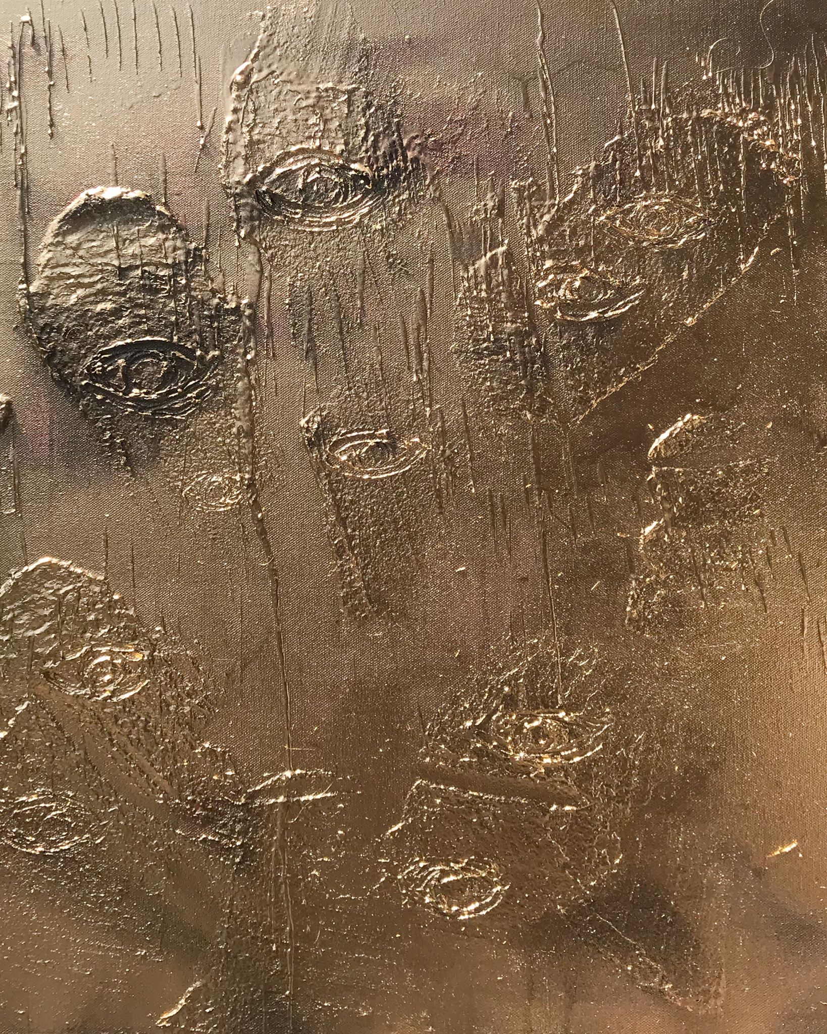 BLOOD AND GOLD AUGUST 2018 Materials: spray paint, acrylic medium, acrylic paint, wax. 24 x 24 x .75 inches