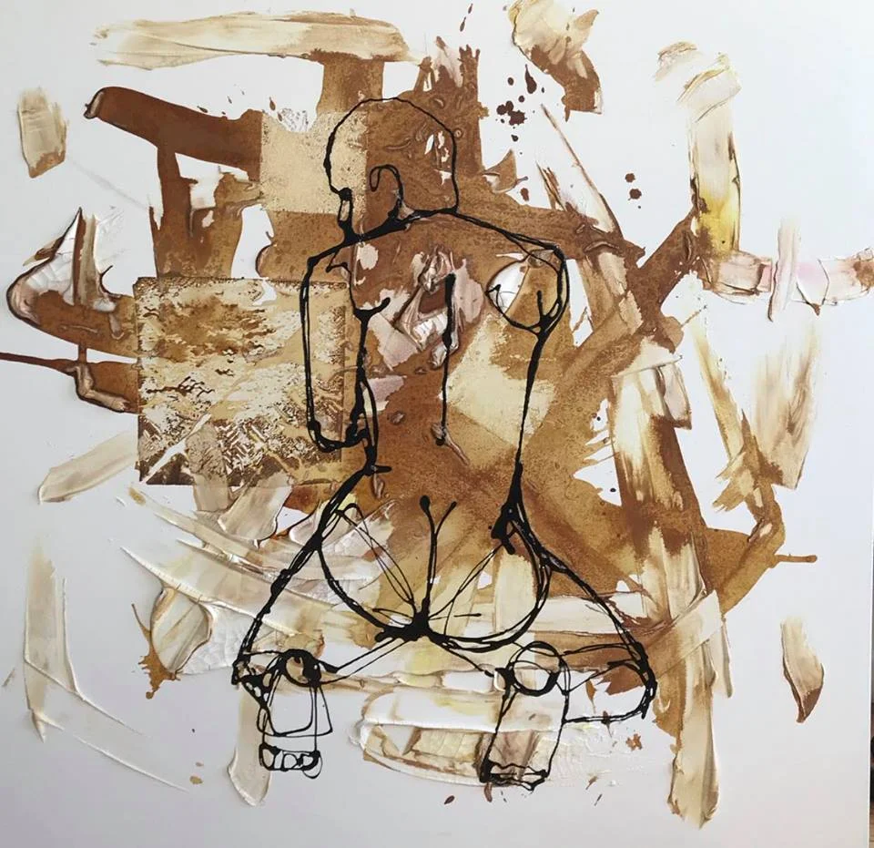 AGONY OF ECSTASY Materials: ink, watercolor, coffee, nail polish and acrylic medium 40 x 40 x1.25 inches CONTRA GALLERY 2018
