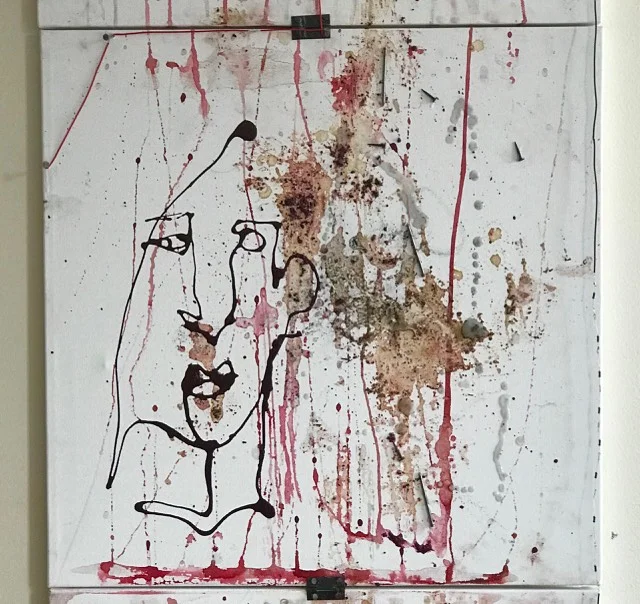 THESE EYES (SOLD) STOLKHOLM, SWEDEN JANUARY 2018 20 x 20 inches Mixed Media on Canvas; Ink, wires, coffee grounds, resistors, nail polish, blood, water color, nails, lipstick