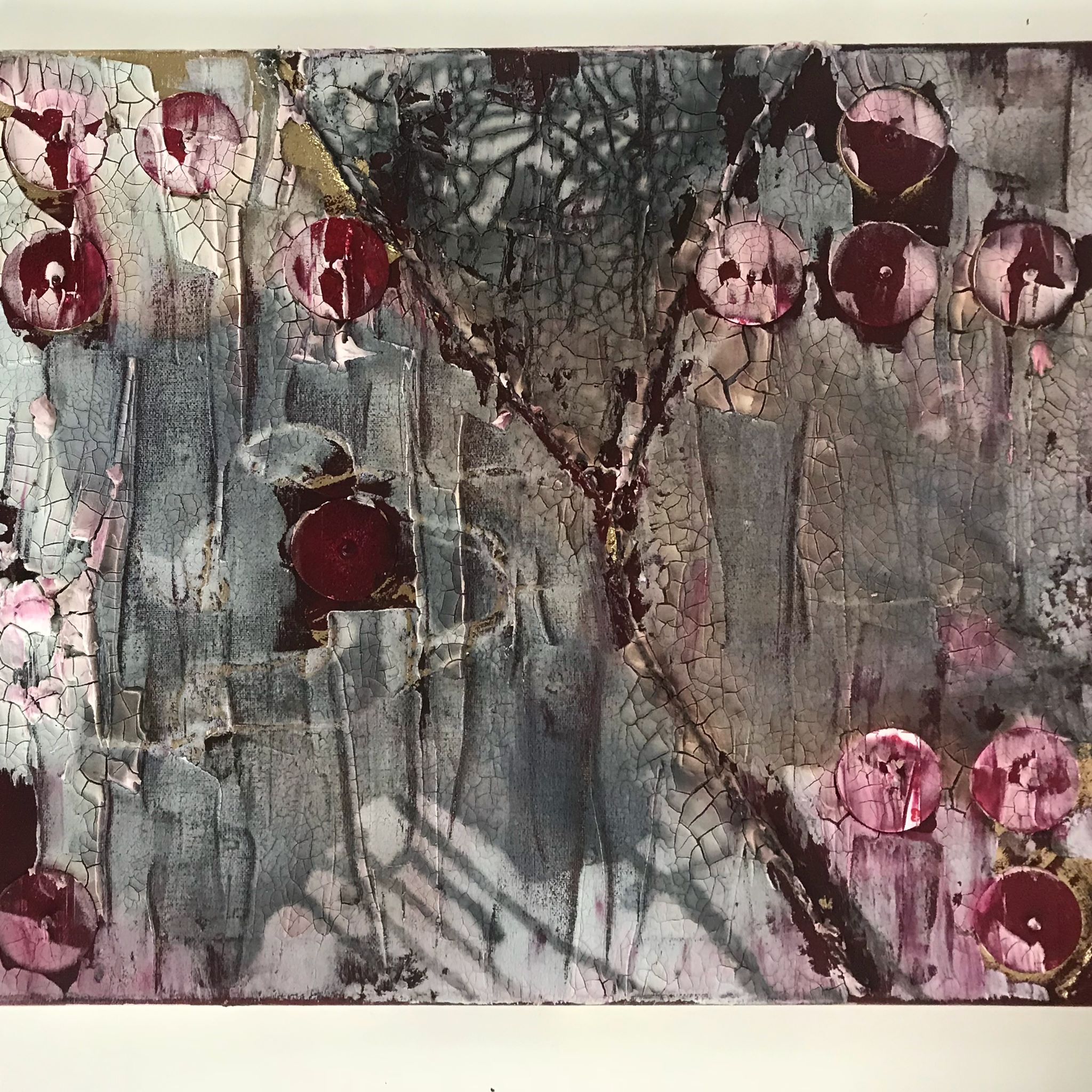 WHITE RABBIT SEPTEMBER 2018 16 x 20 inches Mixed Media on Canvas; ink, watercolor, acrylic paint, acrylic medium, coffee, spray paint, ECG monitoring electrodes $750