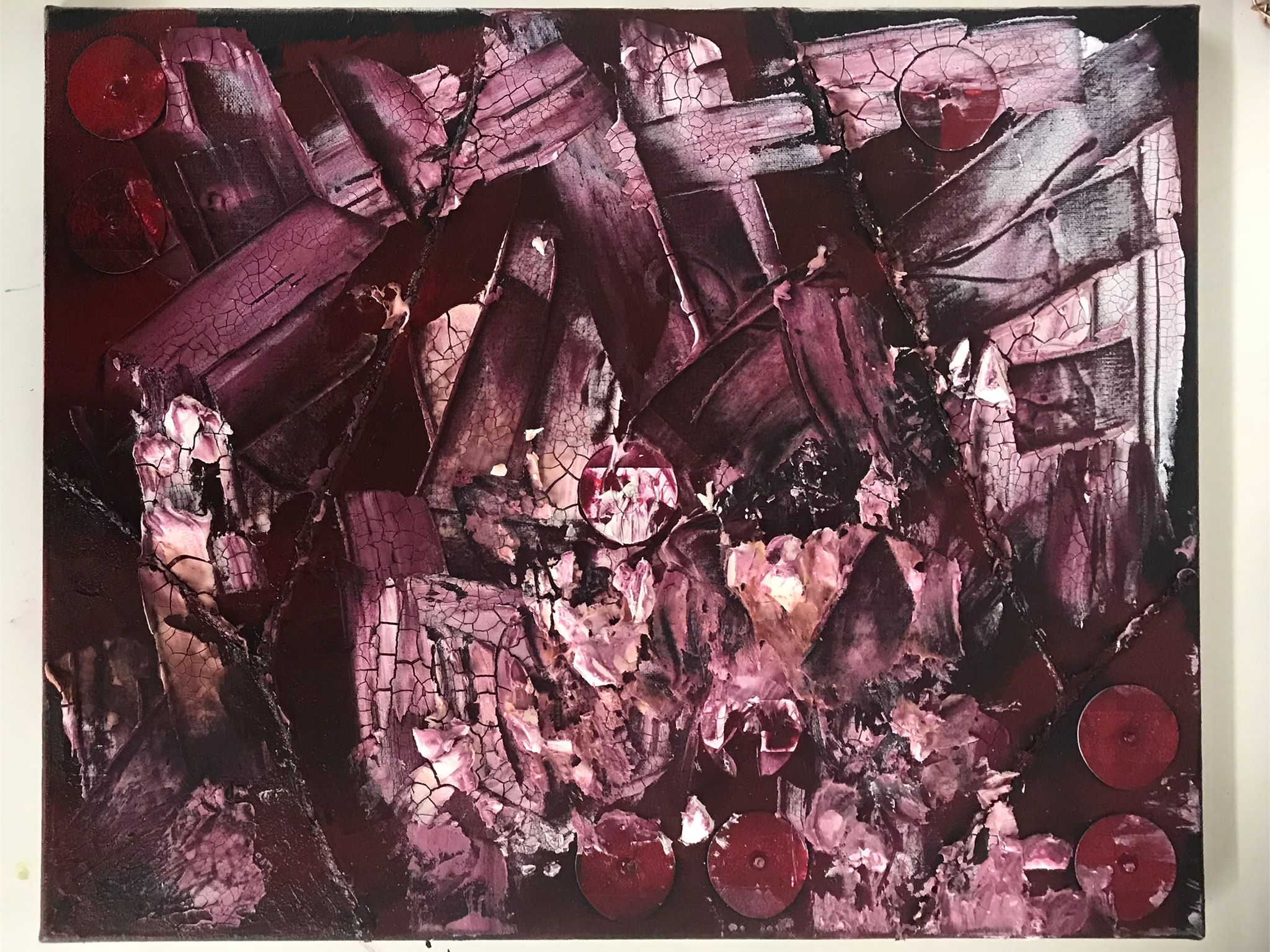 LABORER SEPTEMBER 2018 16 x 20 inches Mixed Media on Canvas; ink, watercolor, acrylic paint, acrylic medium, coffee, spray paint, ECG monitoring electrodes $750