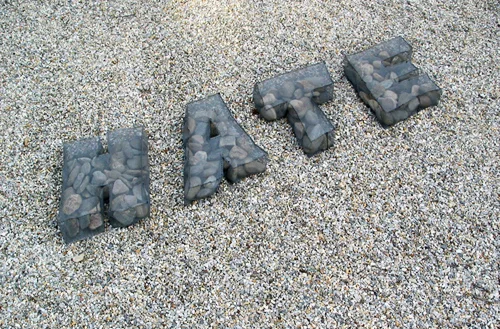 Throw Rocks, 2008 polyester screening, thread, rocks; 72 x 4 x 12 inches