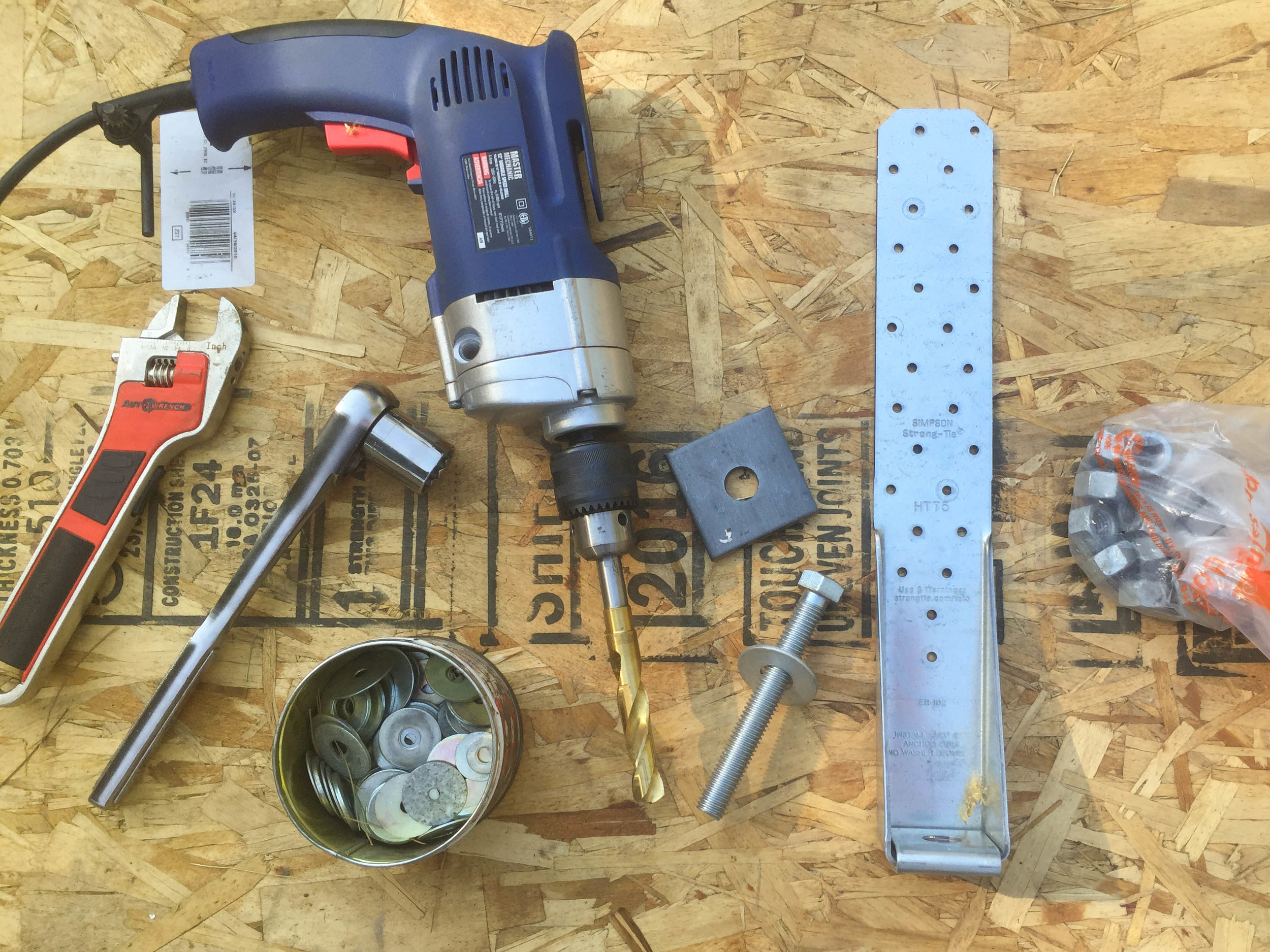 Some of the tools and materials we used to anchor the sills and hold-downs.