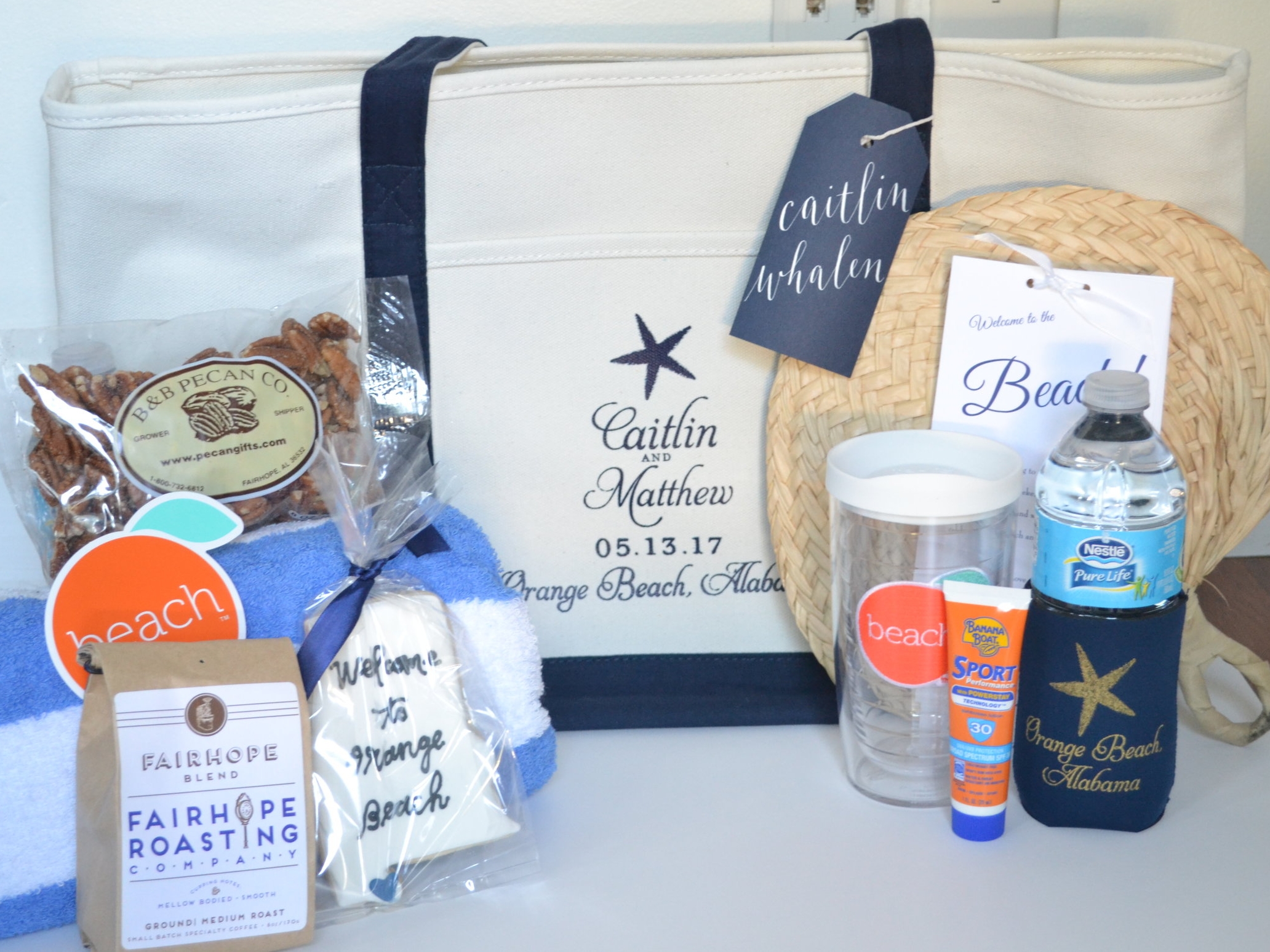 Custom Totes- Weezie B Designs ; Cookies- Ellen Jay; Tervis Tumblers- Orange Beach Store ; Koozies- Weezie B Designs; Coffee- Fairhope Roasting Company ; Pecans- B & B Pecan ; Fans- Oriental Trading Co.; Towels- Amazon; Calligraphy Tags- Southern Calligraphy ; Weekender- Jenna Laine Weddings