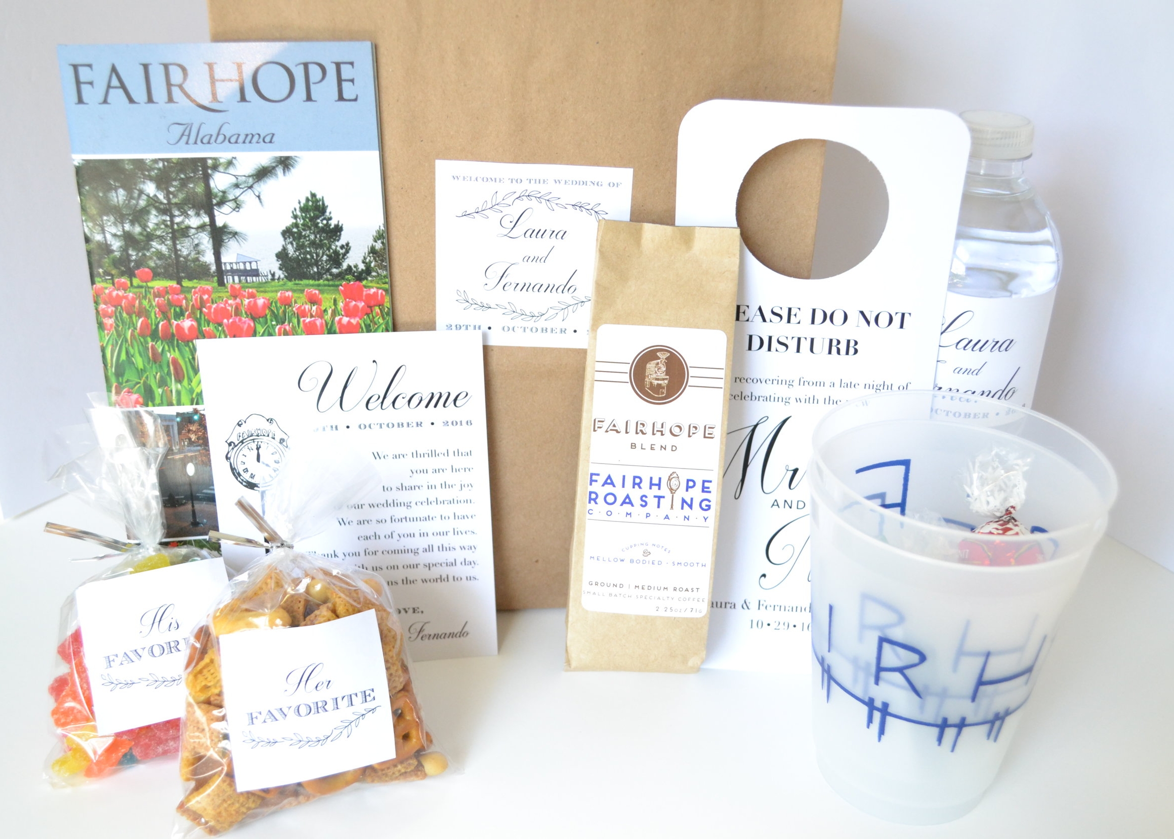 Cups- Fairhope Store; Coffee- Fairhope Roasting Co.; Fairhope Clock Design- Soiree Signatures, Labels and Sign- personal friend of Bride and Groom