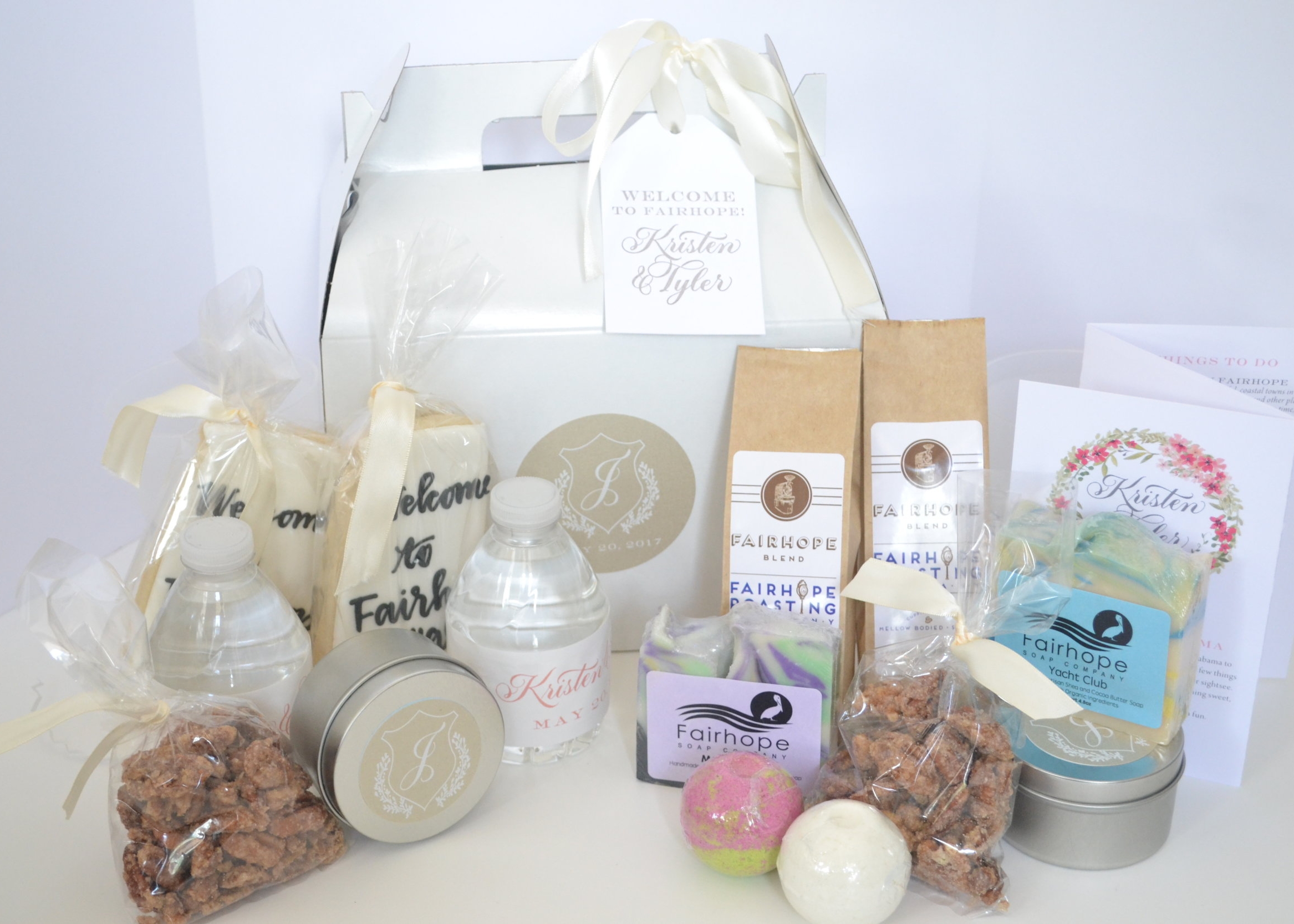 Stickers/Weekender/Tag/Water Labels- Soiree Signatures ; Soap/Bathbombs- Fairhope Soap Company ; Nuts/Cookies- Ellen Jay; Coffee- Fairhope Roasting Company; Candle- Bay Candle