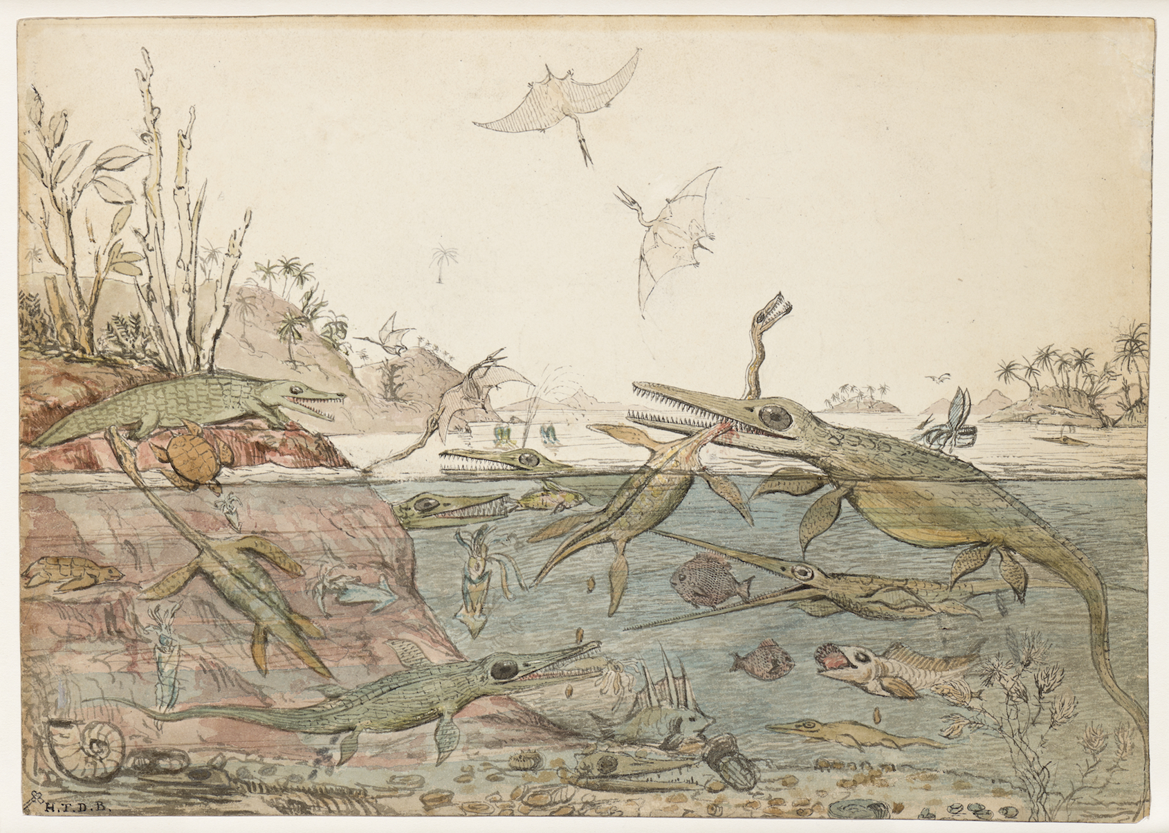 The first image of the prehistoric world: Duria antiquior, a small watercolor painted by the English scientist Henry Thomas De la Beche around 1830.