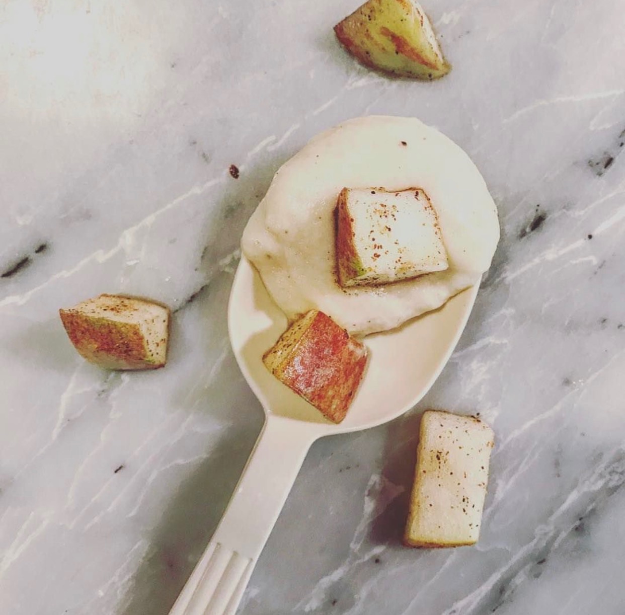 SNACKS & GUILTLESS PLEASURES We love to snack and indulge so we created fresh, fast and creative to go snacks that are satiating and fun, we utilize good nutrients to fuel your body and keep you going strong. Customer Favorites: Kale Brittle, Cherry Chia Bar, Avocado Chocolate Pudding, Peanut Butter Cups and Sweet Potato Pudding. Pictured: Vanilla Bean Parsnip Pudding with Cinnamon Apples.