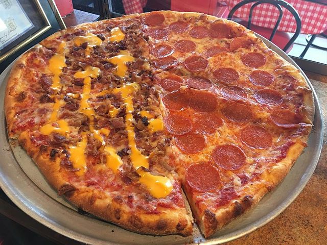 Half pepperoni and half bacon and cheddar cheese pizza yummmm! Stop in for a slice or call for free delivery! #planetpizzanj #yum #santalovespizza 609.886.8800