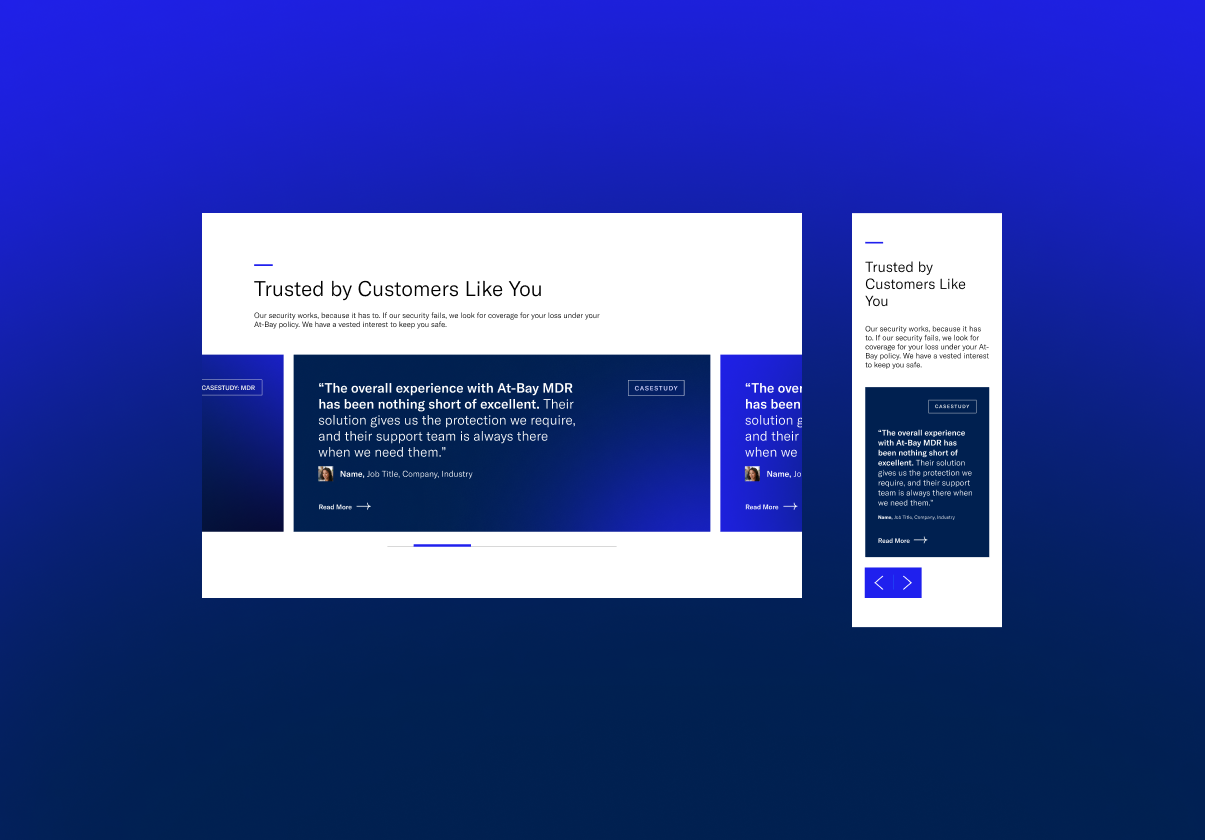 Multiple digital screens displaying a website review for At-Bay MDR, with a blue gradient background.