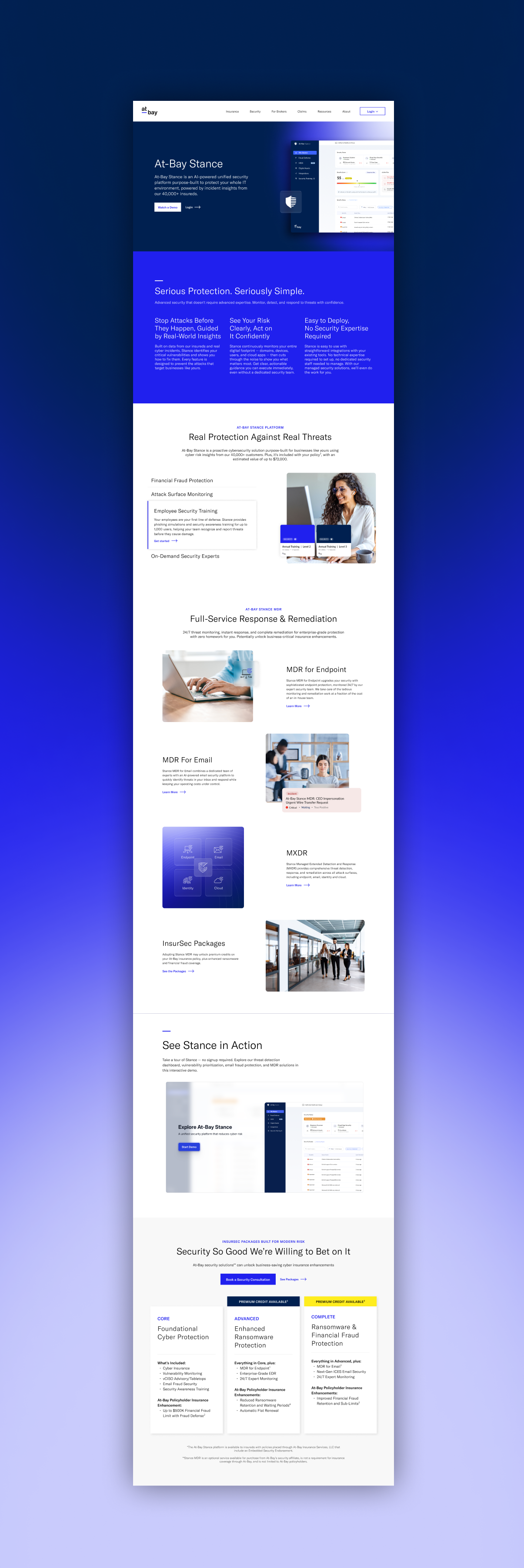 Screenshot of a website for At-Bay Stance, a cybersecurity platform, showing sections about protection services, features, and learning resources.
