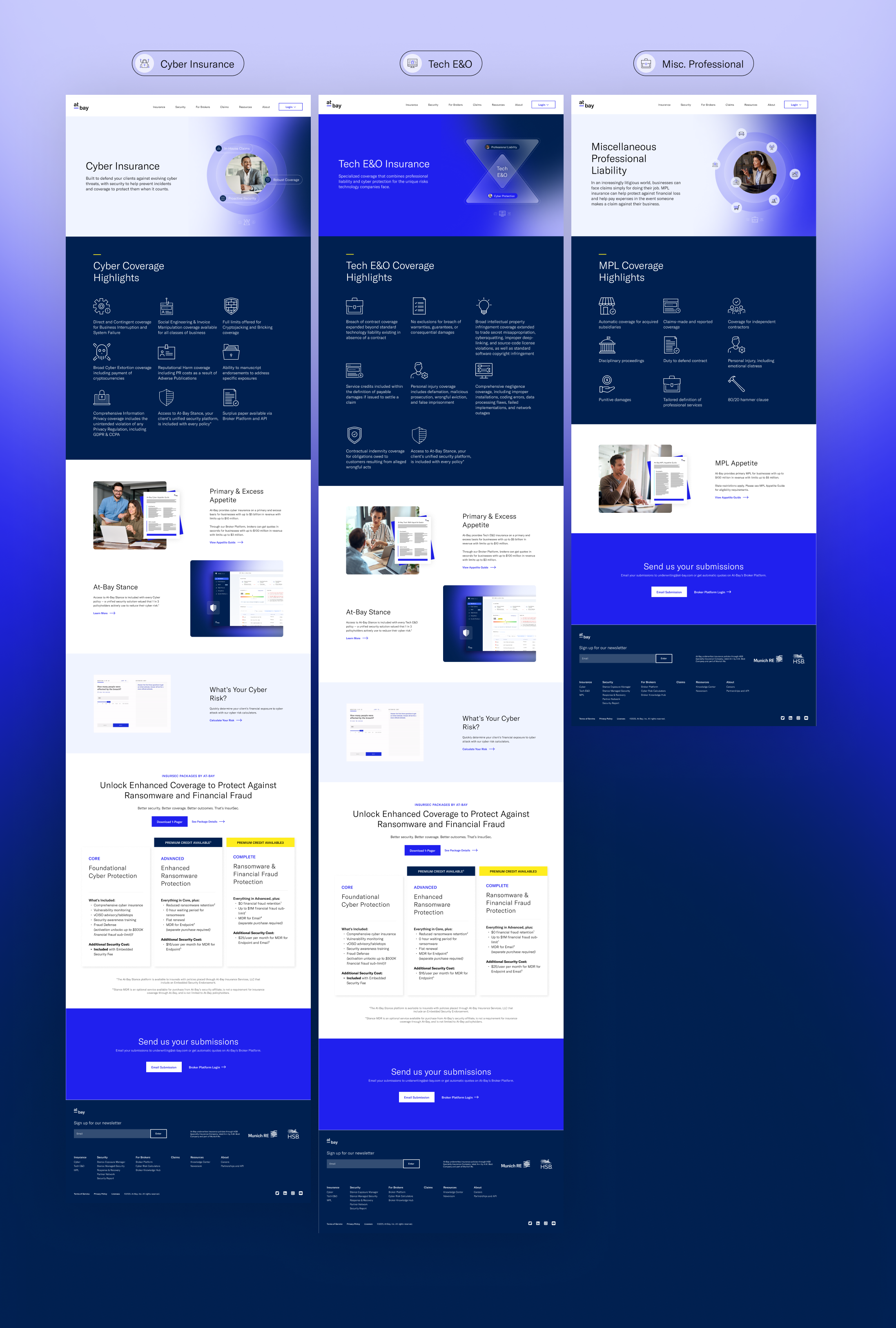 Three webpage screens showcasing insurance services: cyber insurance, tech E&O insurance, and miscellaneous professional liability, with coverage highlights and submission forms.