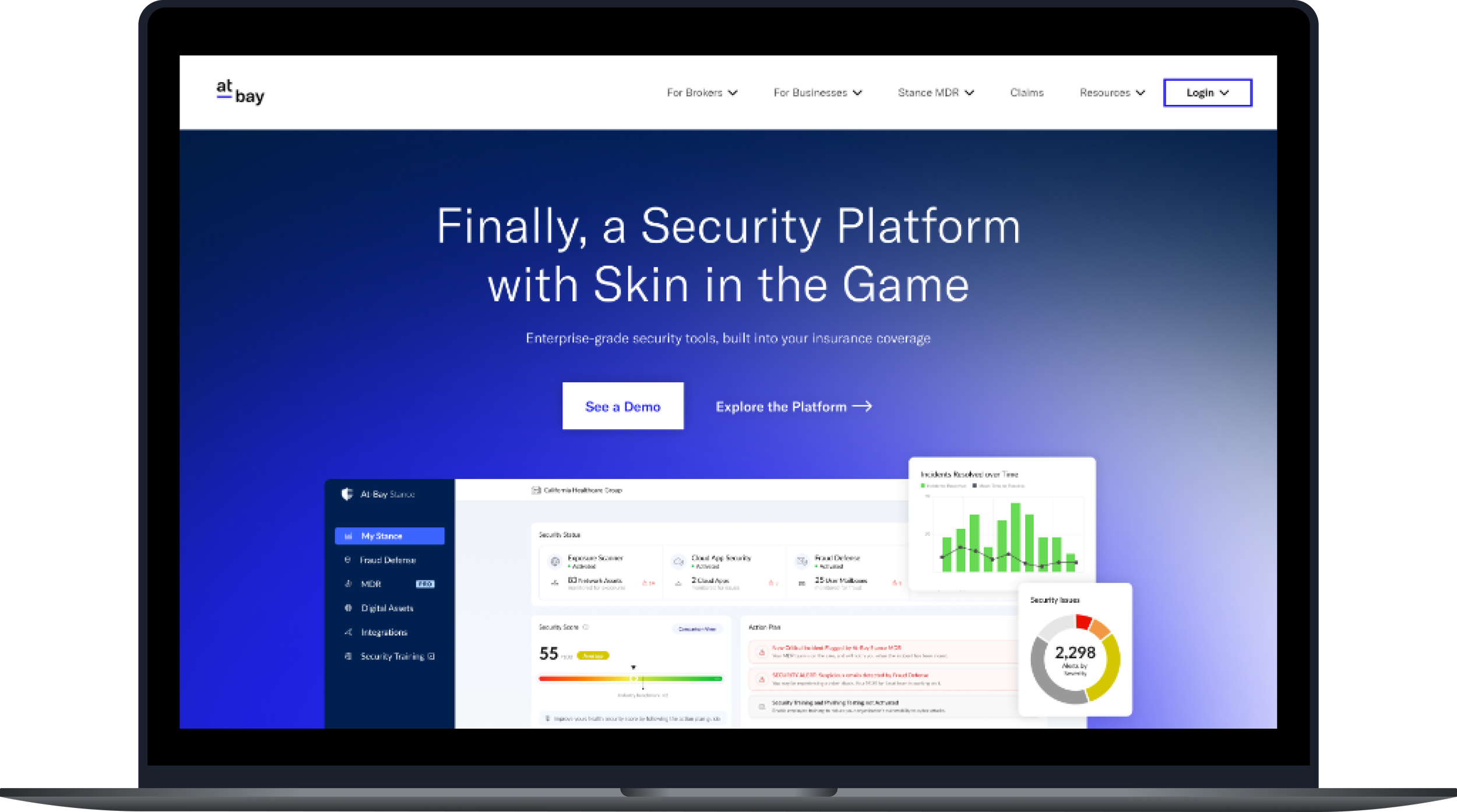 Screenshot of a website homepage for a security platform called 'at bay.' The page features a dark-to-light gradient blue background with a headline that says, 'Finally, a Security Platform with Skin in the Game.' There are buttons labeled 'See a Demo' and 'Explore the Platform.' The website's navigation menu includes options for brokers, businesses, claims, and resources, along with a login button. The main content shows a dashboard with security status, graphs, security issues, and action plans.