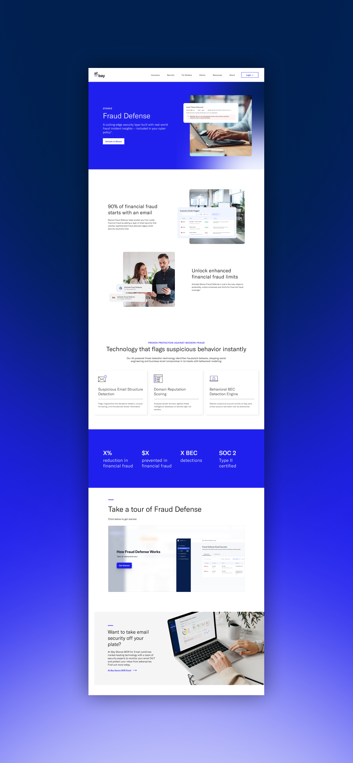 A webpage for a cybersecurity company named 'at bay' focused on fraud defense, featuring sections about their technology, statistics, and a tour of their fraud defense system, with images of laptops, people working, and a person using a laptop.