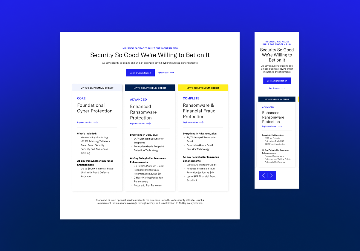 Screenshot of a webpage advertising cybersecurity insurance plans with three columns labeled core, advanced, and complete, each describing features for business cybersecurity protection.