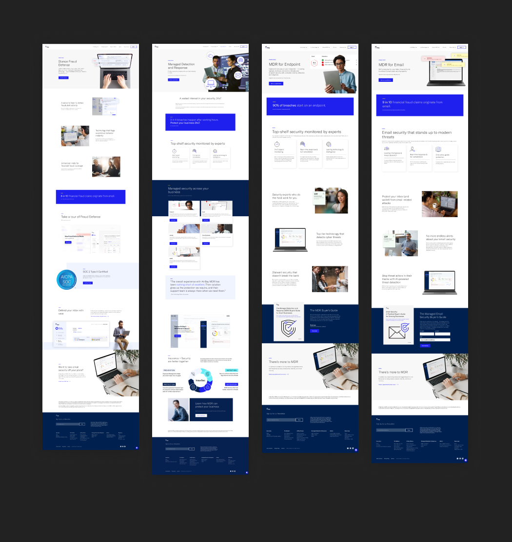 A collection of four website homepage layouts for cybersecurity and email security services, featuring images of people using laptops and digital security icons, with a blue and white color scheme.