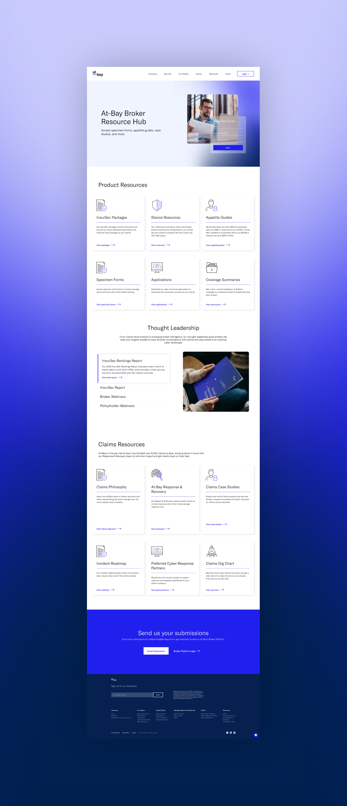 Screenshot of the At-Bay Broker Resource Hub website homepage, showing menu, product resources, thought leadership, claims resources, and a submission section on a purple gradient background.