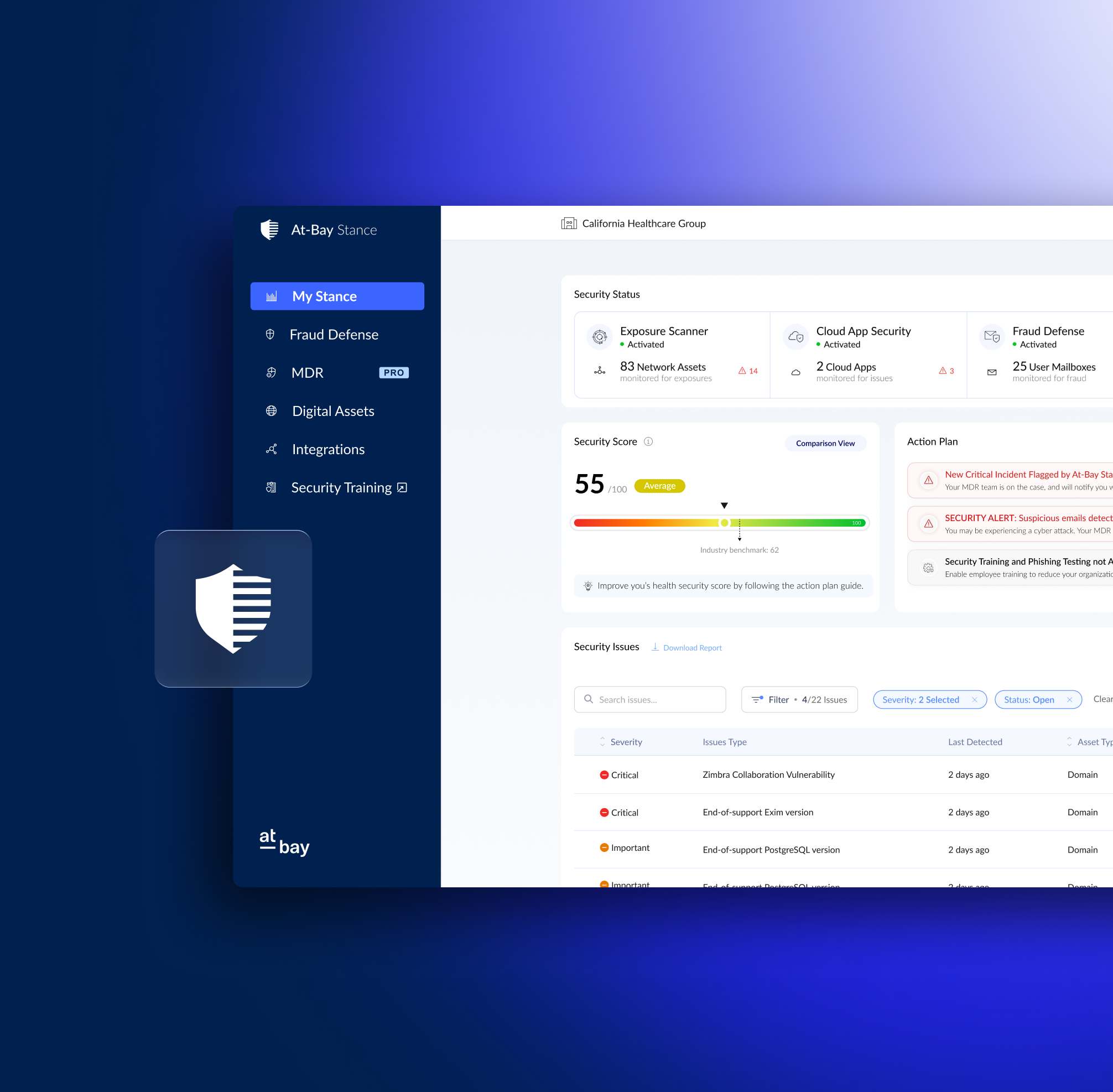Screenshot of a cybersecurity management dashboard with menu options on the left and security status details on the right, including security score, issues, and action plan.