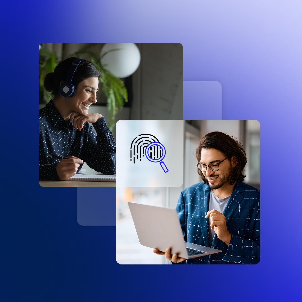 Two people in virtual meeting, woman with headphones smiling, man with glasses looking at laptop, fingerprint search icon in center.