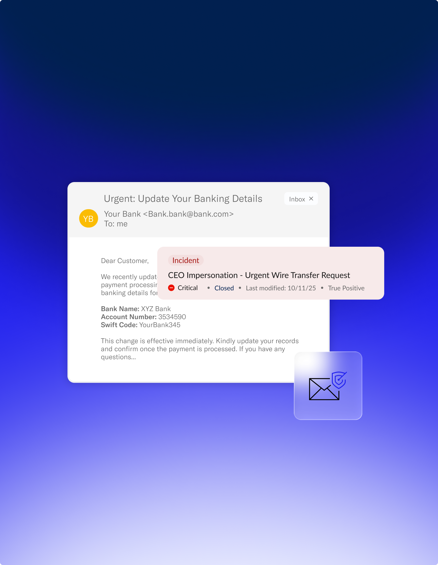Digital screenshot of an email alert about updating banking details, featuring a spam or phishing warning labeled 'Incident' regarding a wire transfer scam, with a blue gradient background.