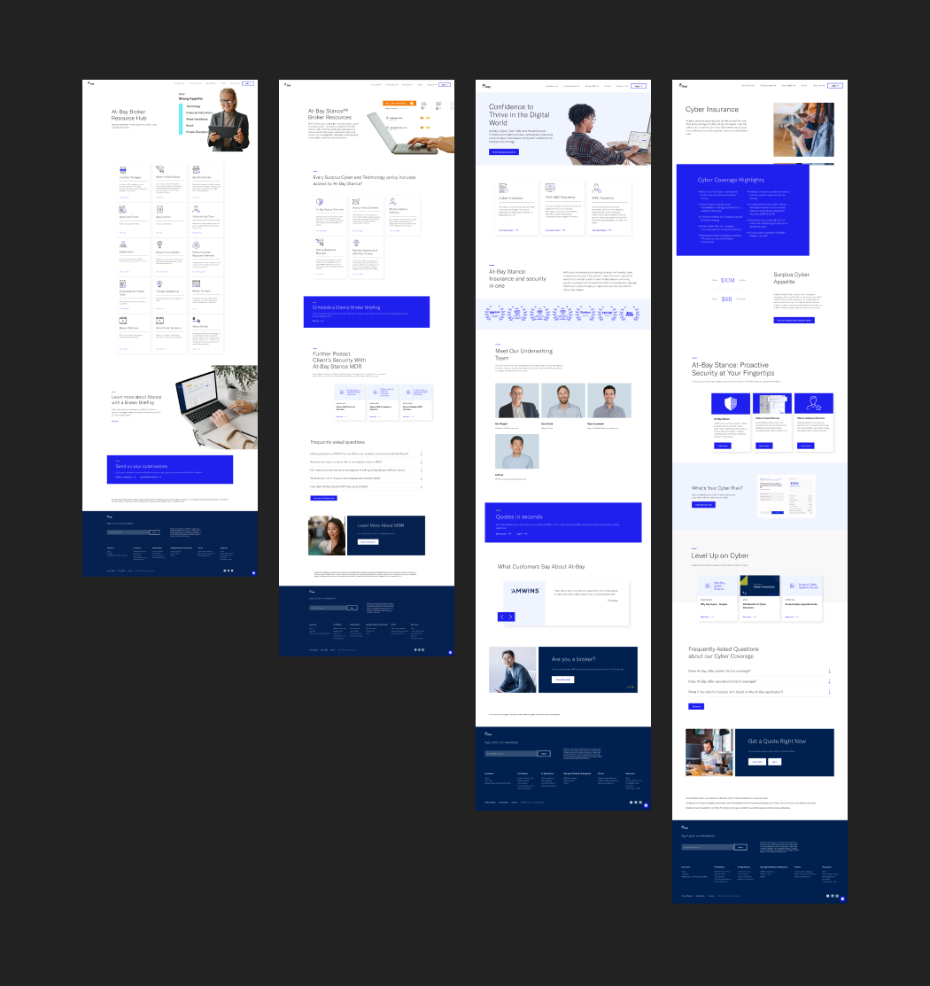 Series of web page screenshots related to cyber insurance and digital security offerings.
