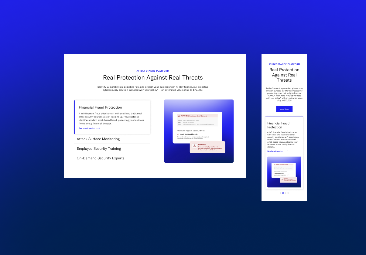 Digital presentation of cybersecurity services on a blue gradient background, showcasing information about real protection against threats, with sections on financial fraud protection, attack surface monitoring, employee security training, and on-demand security experts, displayed on both desktop and mobile views.