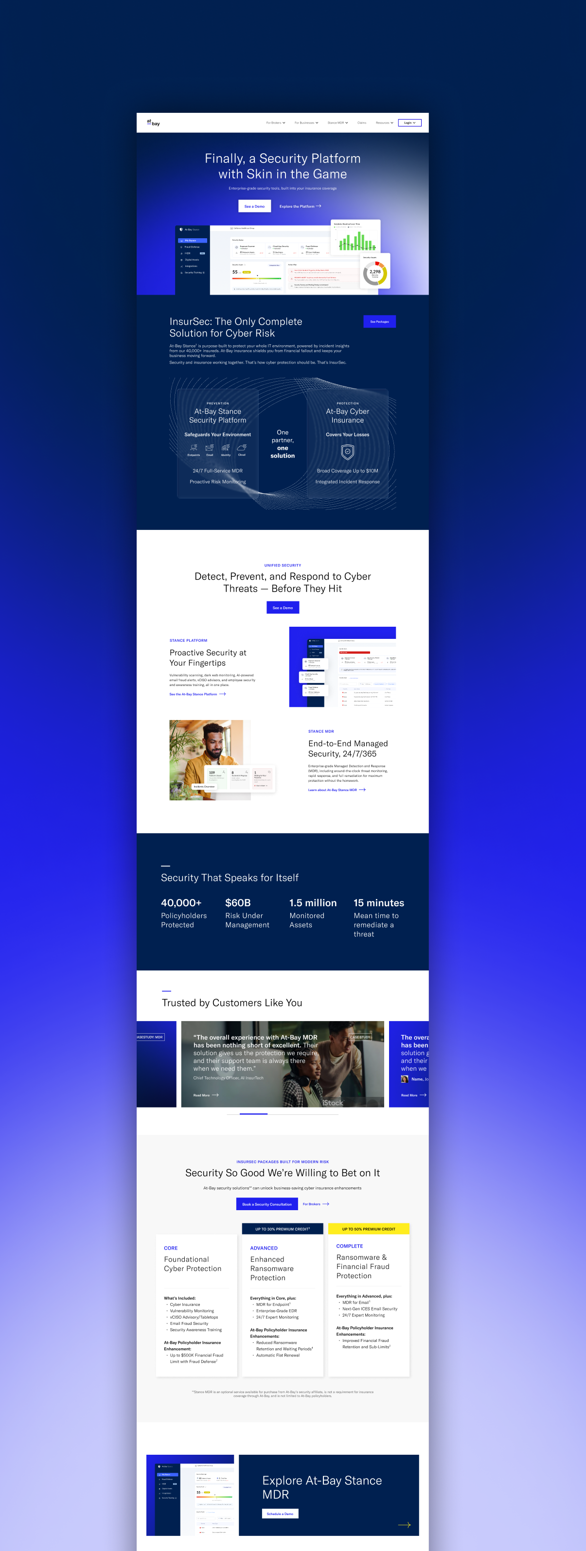 A webpage for a cybersecurity platform called At-Bay, featuring sections about security solutions, customer testimonials, and subscription options, with a blue and white color scheme.