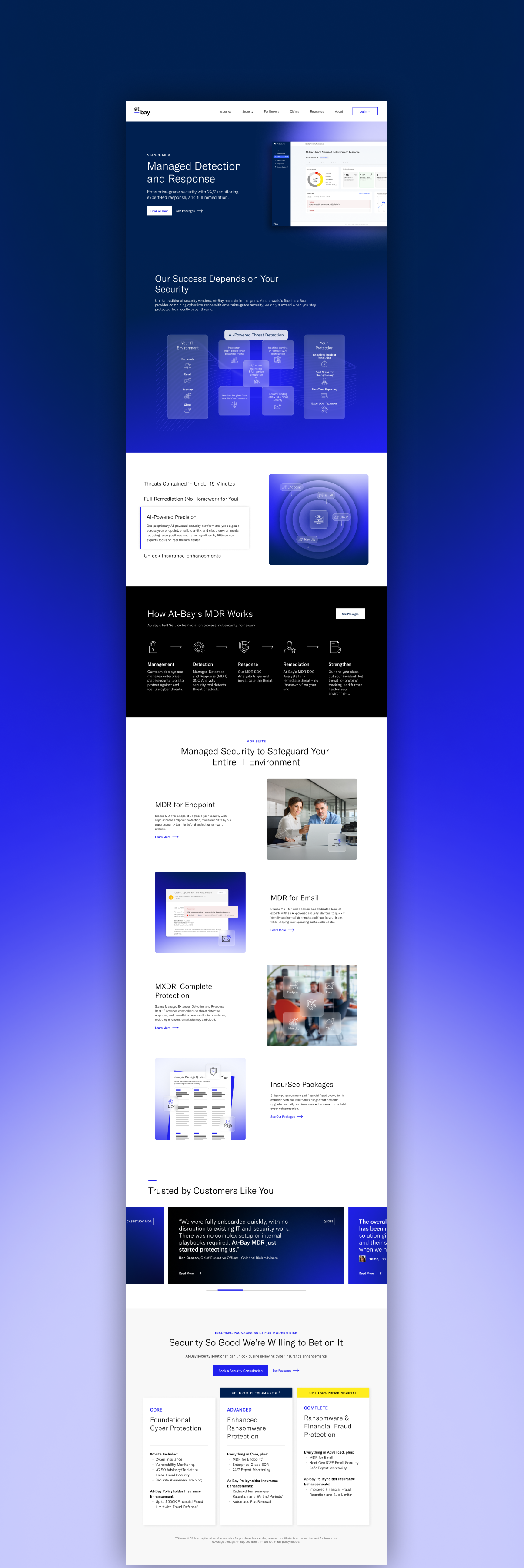 Screenshot of a cybersecurity company's website showcasing managed detection and response services, with sections on threat management, security features, and customer testimonials.