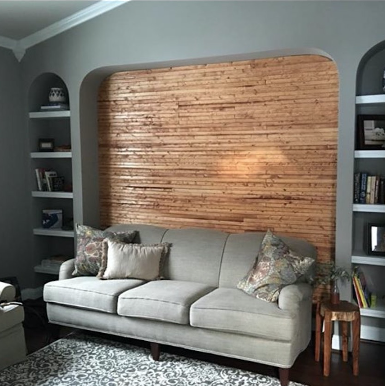 Updating our 90's niche a slatted wood wall