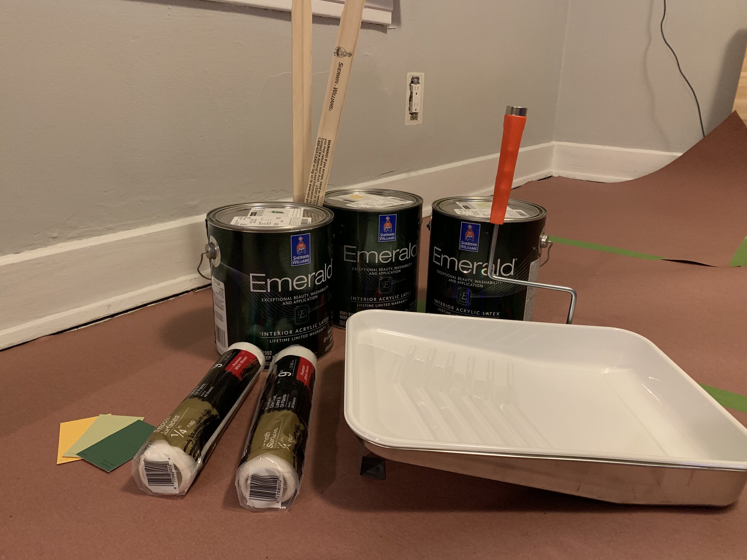 Getting ready to paint with Sherwin-Williams Emerald Interior paint.