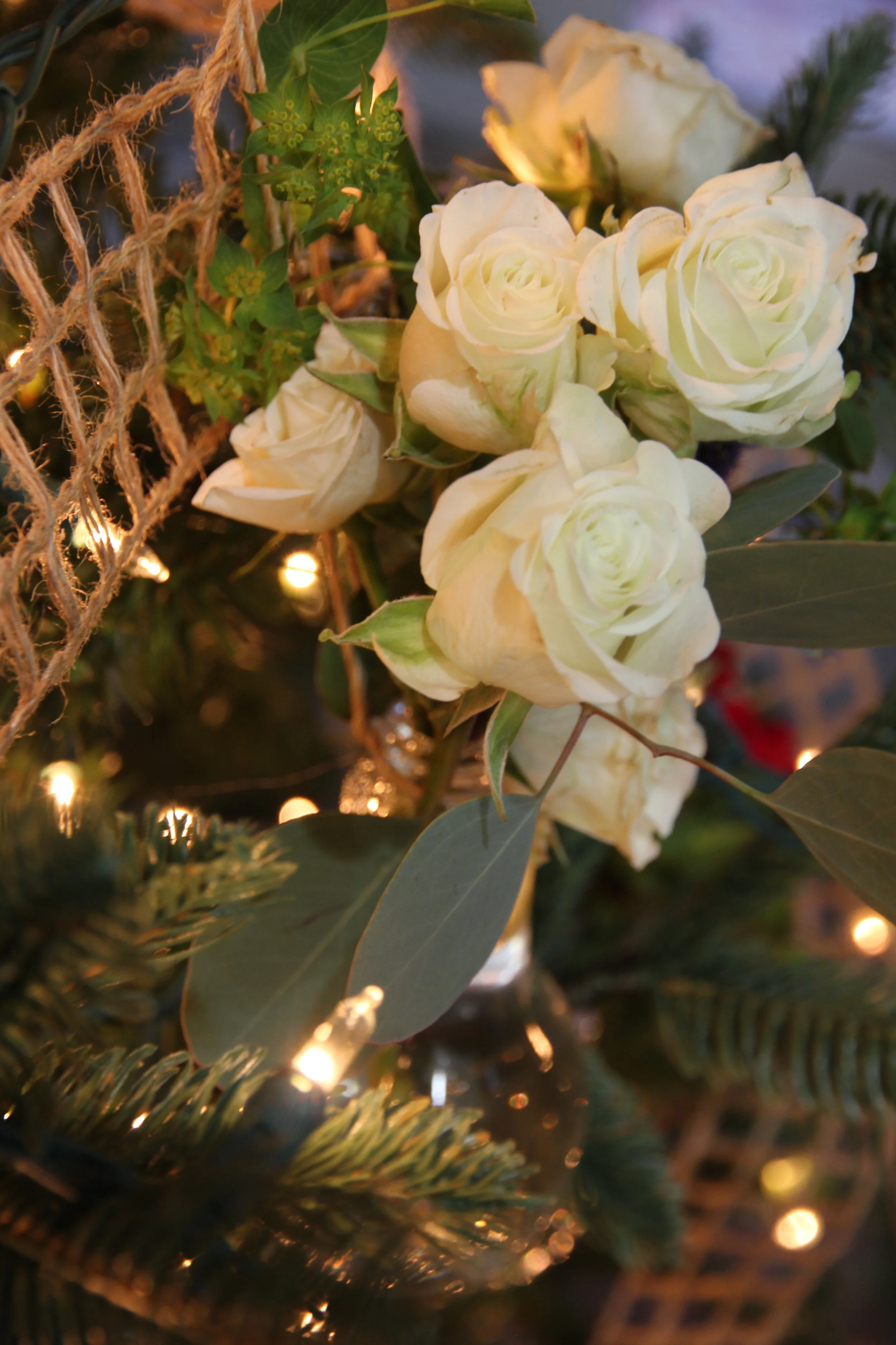 White roses on Christmas Tree