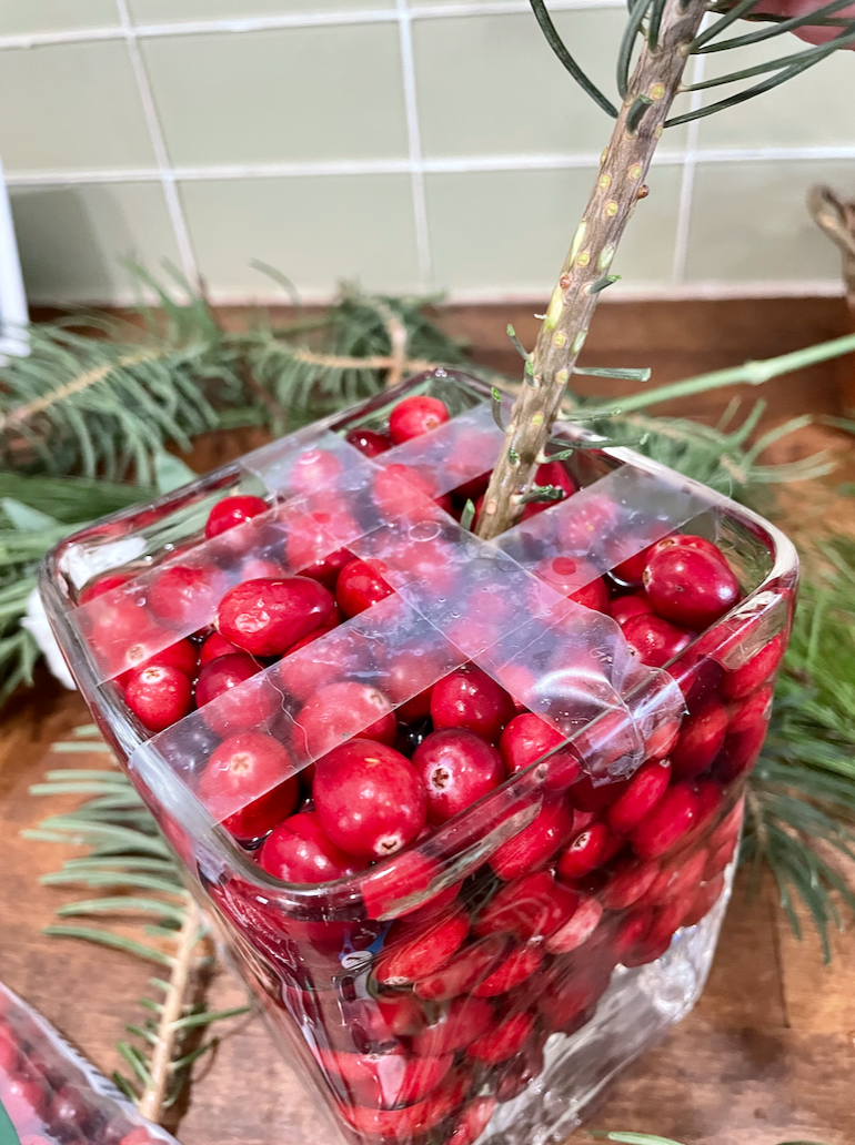 Fill the vase with cranberries