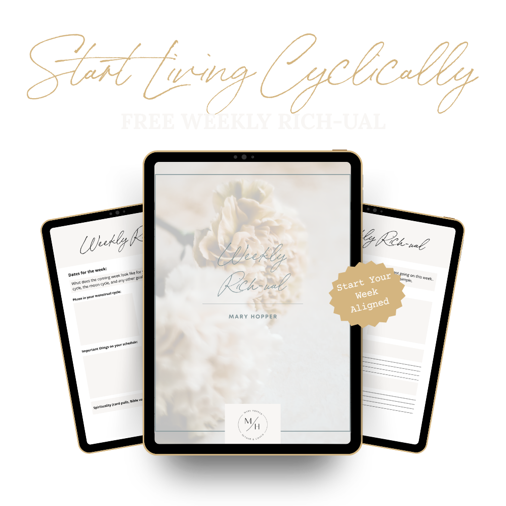 Weekly Rich-ual planner and journal pages with sections for dates, moon and cycle phases, schedule, feelings, spirituality, “Doing/Not Doing,” gratitude, and intentions. Soft yellow flower design, “Mary Hopper” branding, and small M/H logo.