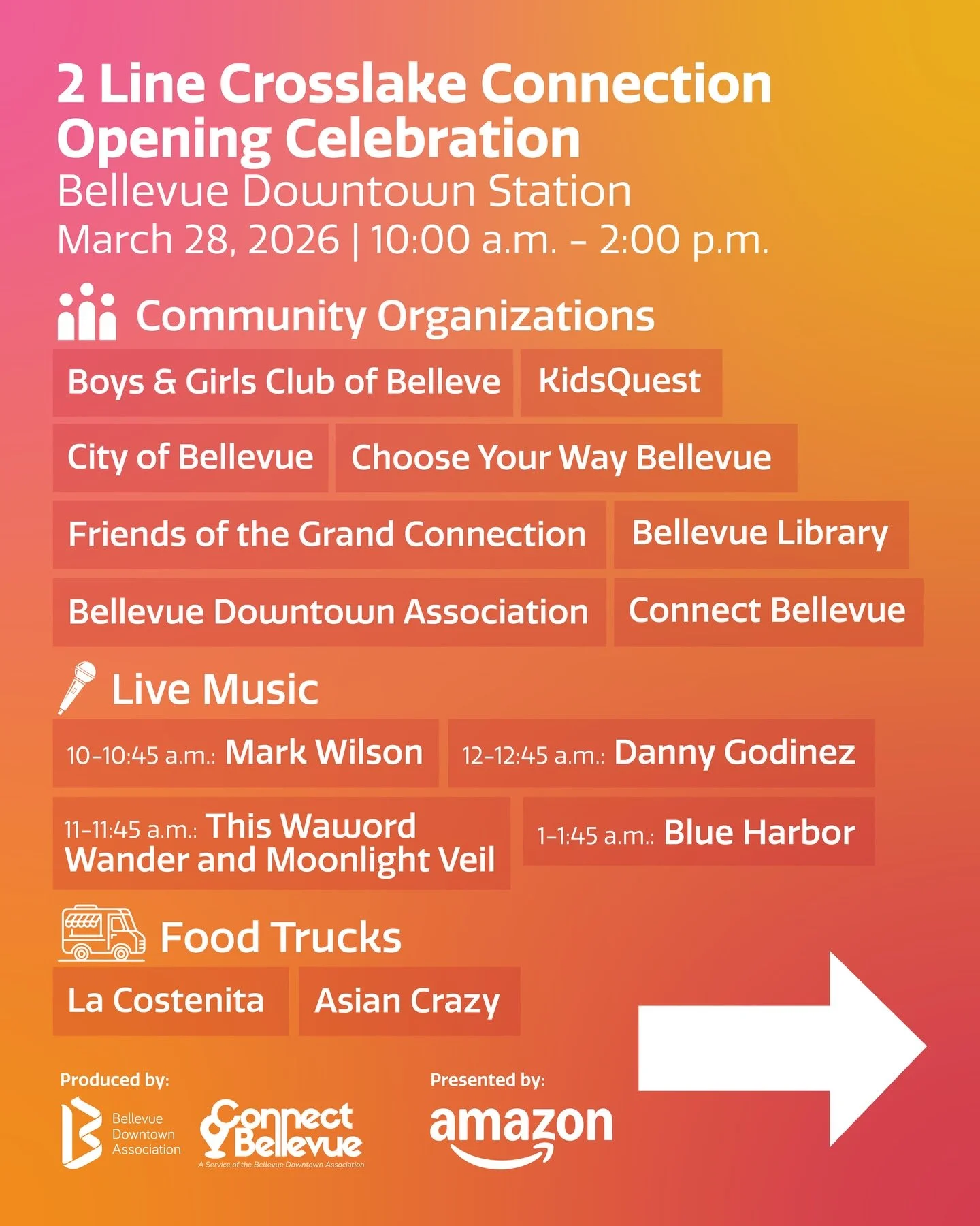 Here&rsquo;s what to expect at the 2 Line Crosslake Connection Opening Celebration🎉

📅 March 28, 2026 | 10:00 a.m. &ndash; 2:00 p.m.📍 Bellevue Downtown Station
&nbsp;
🎵 Live Music
10&ndash;10:45 a.m. | Mark Wilson
11&ndash;11:45 a.m. | This Wawor