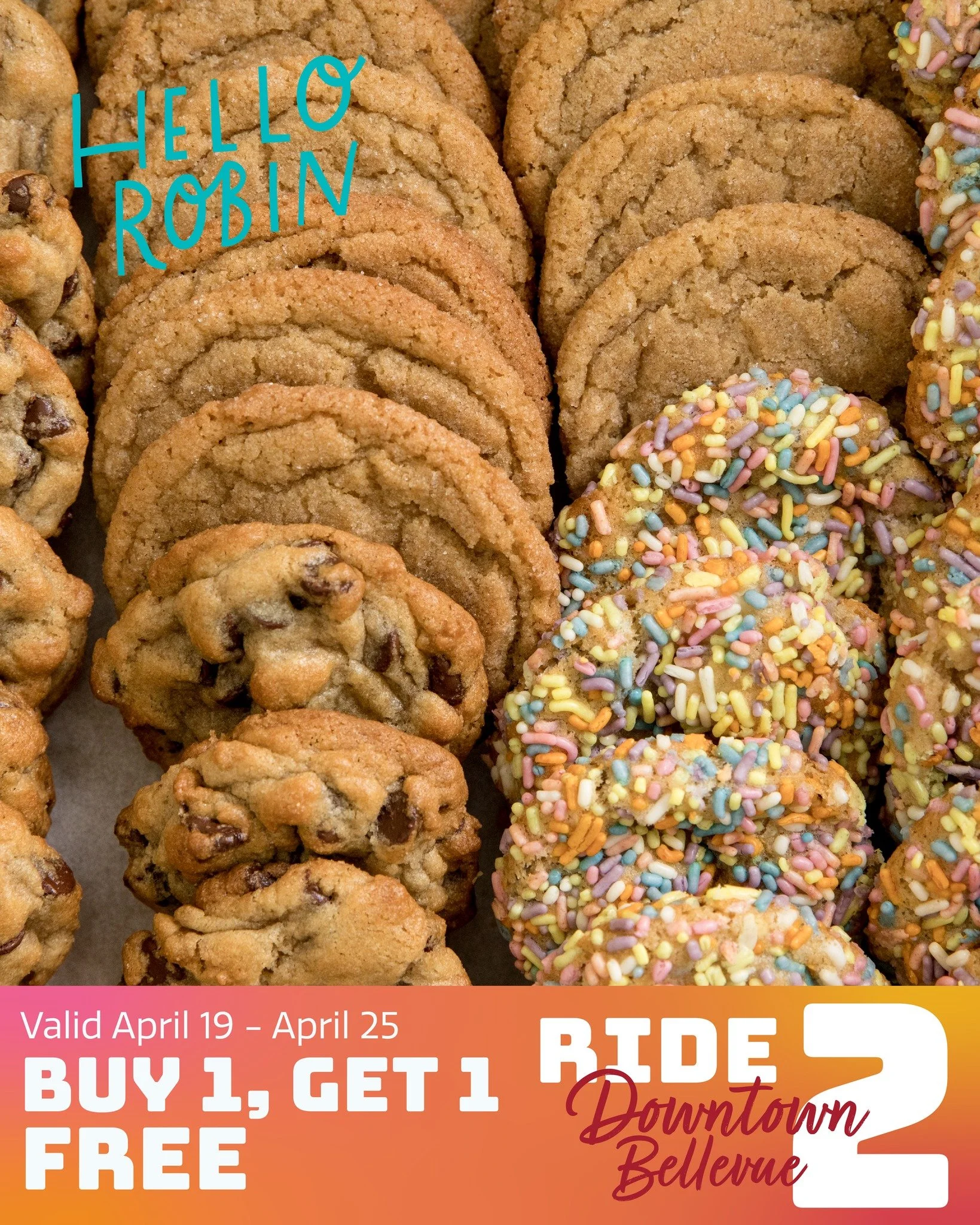 🍪 Ride2Downtown Bellevue and grab a cookie, or two! This week, @hellorobincookies is offering Buy 1, Get 1 FREE as part of our Ride2Downtown campaign!

Ride sustainably to Downtown Bellevue (light rail, bus, bike, or just walk over), sign up through