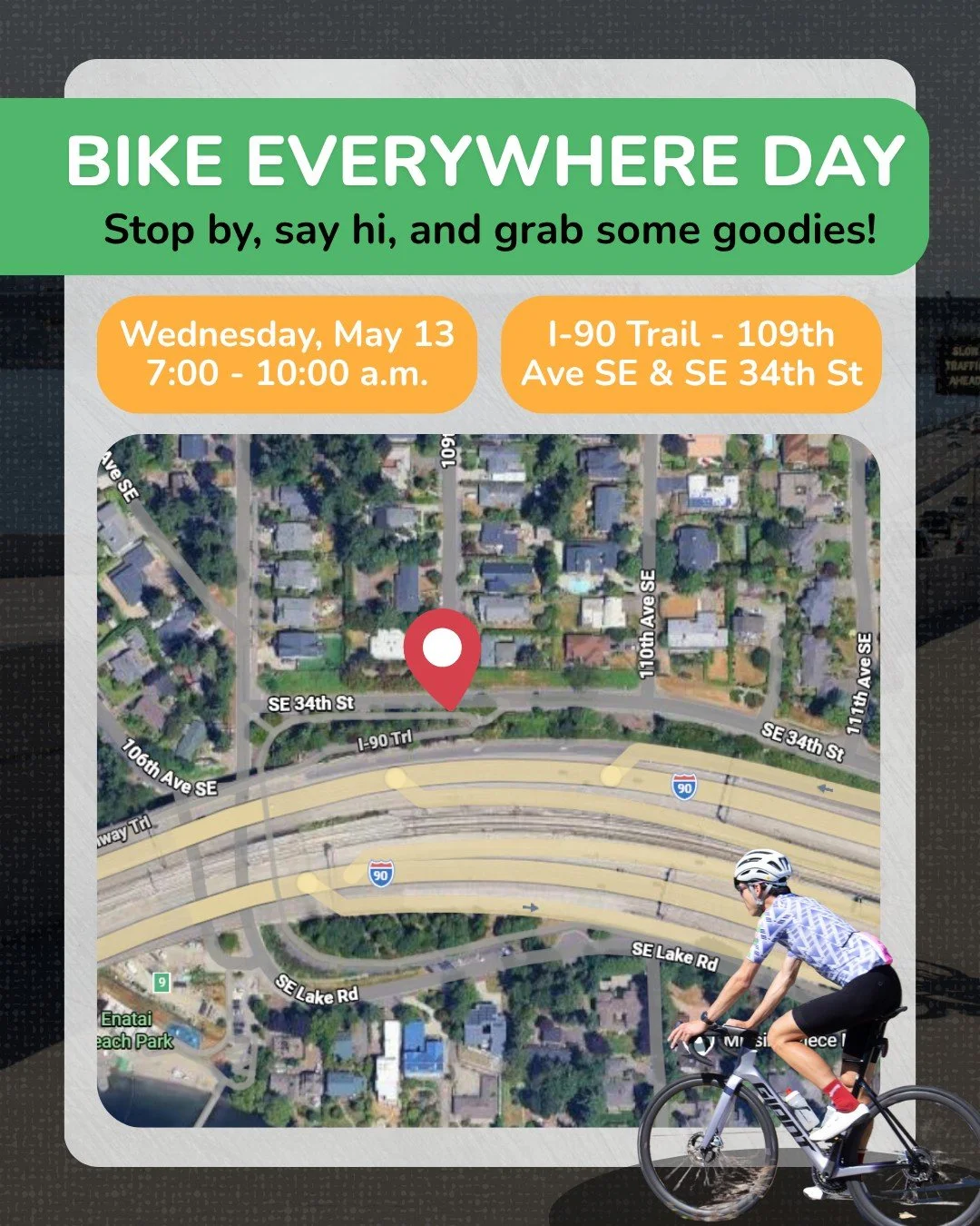 🚲 Bike Everywhere Day is on Wednesday, May 13, and we want to see you out there! 

Connect Bellevue will be set up at the I-90 Trail from 7:00 a.m. - 10:00 a.m. Stop by to say hi, meet fellow cyclists, and grab some snacks, drinks, and exclusive swa