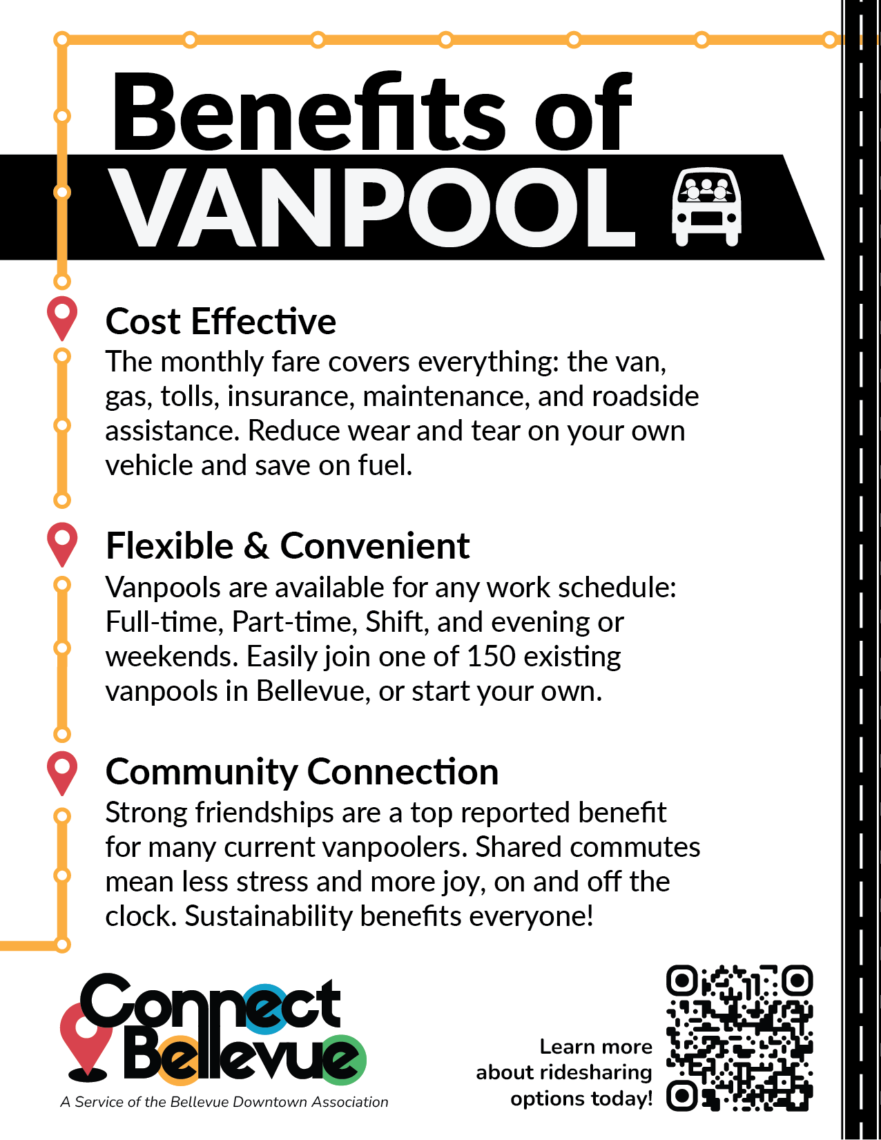 A flyer titled "Benefits of VANPOOL" listing three benefits: Cost Effective, Flexible & Convenient, and Community Connection, with icons of location markers and a bus, along with a QR code at the bottom.