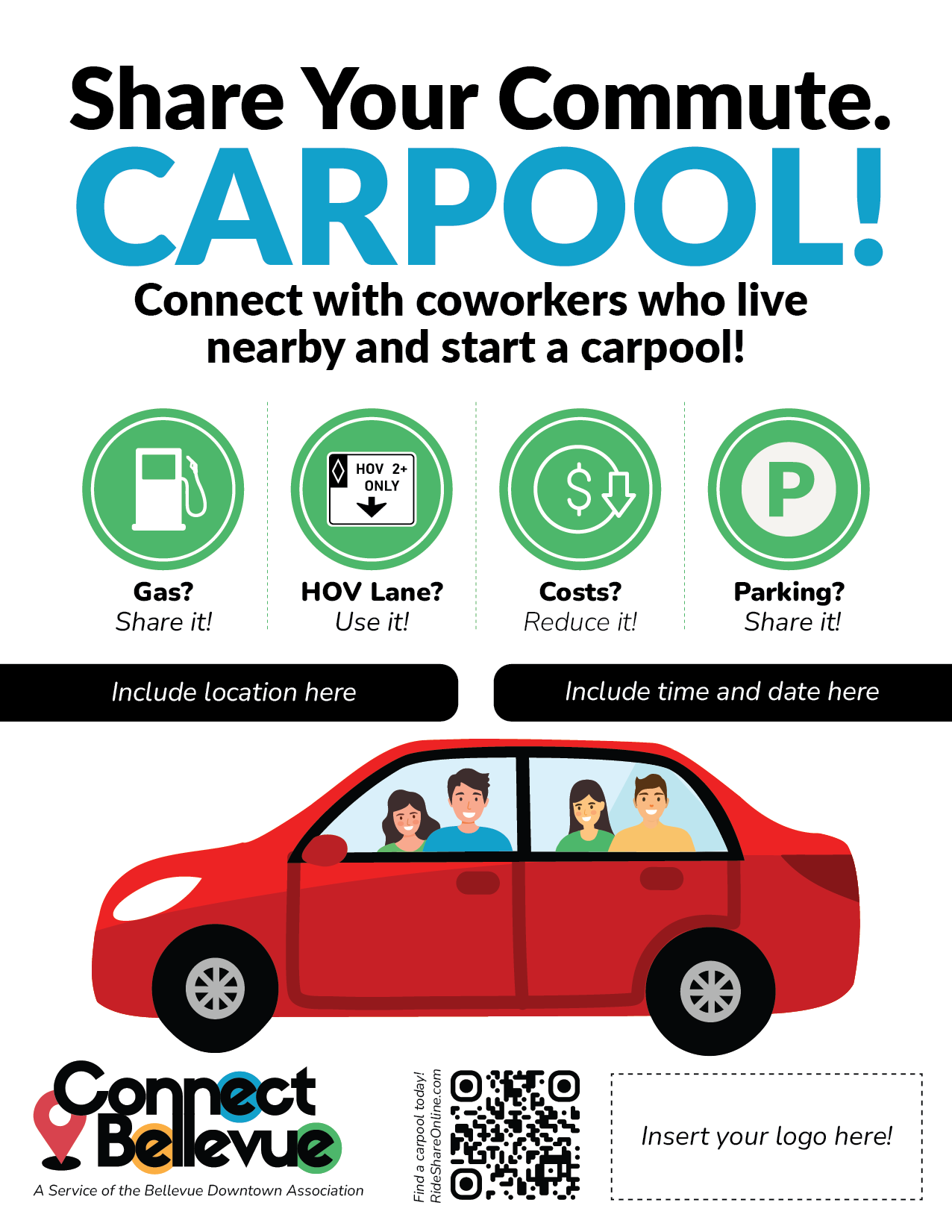 Flyer encouraging coworkers to share rides, featuring a red car with four people inside and icons related to gas, HOV lane, costs, and parking, with space to include location, date, and time.