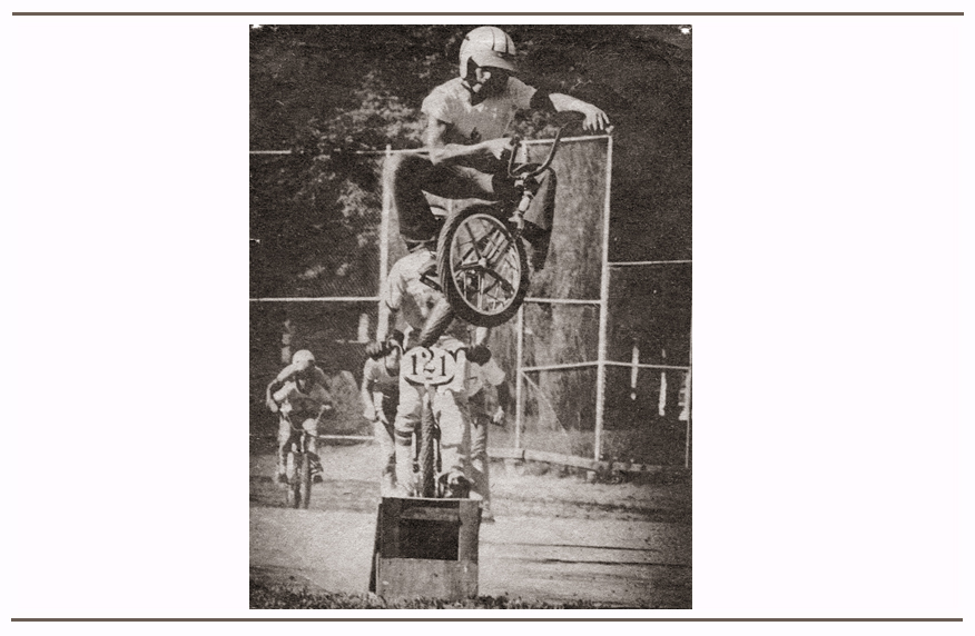 Doing a school jumping demonstration to promote BMX in 1976. Brad was photographed by the Omaha newspaper doing a cross-up